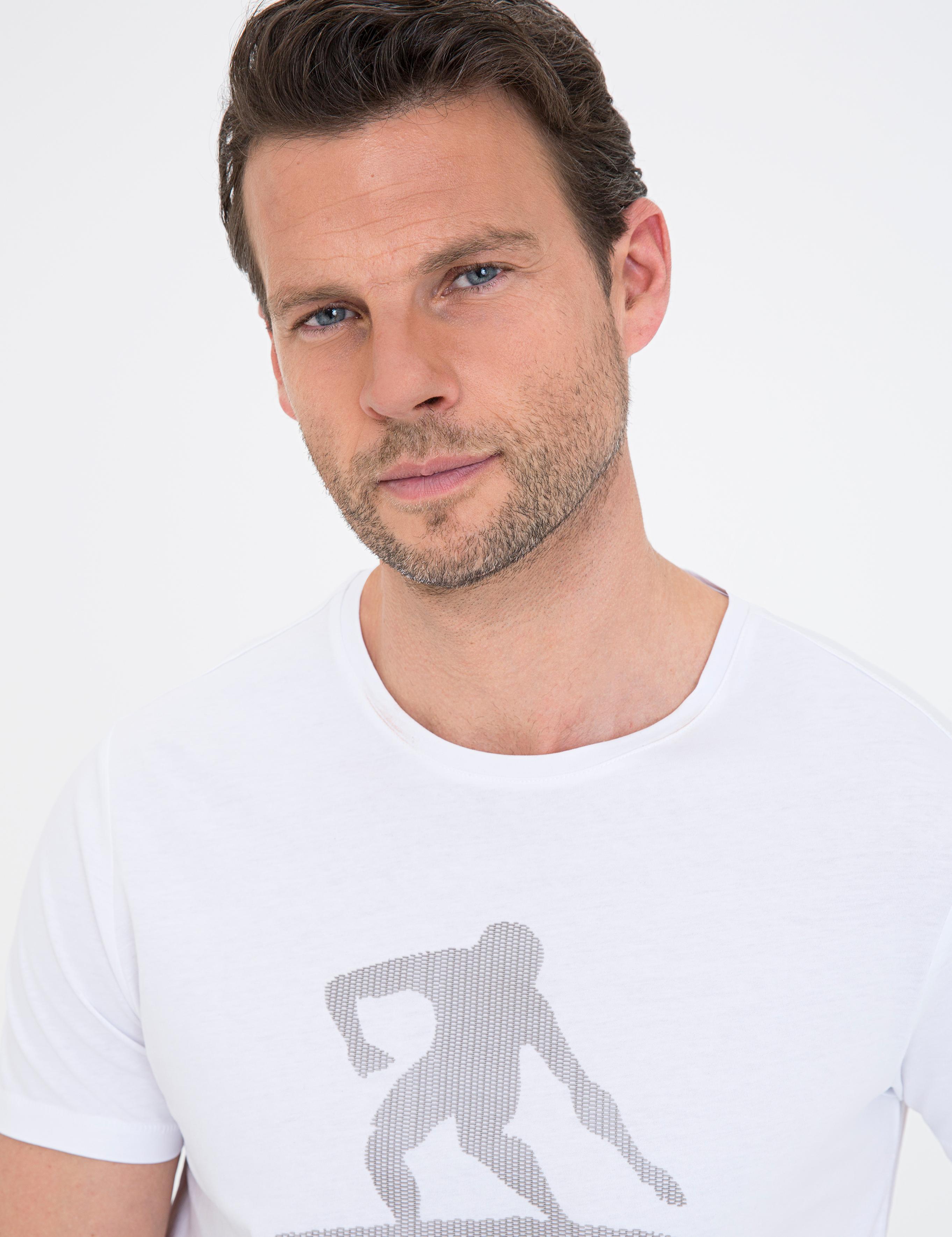 Beyaz Slim Fit Baskılı Bisiklet Yaka Tişört