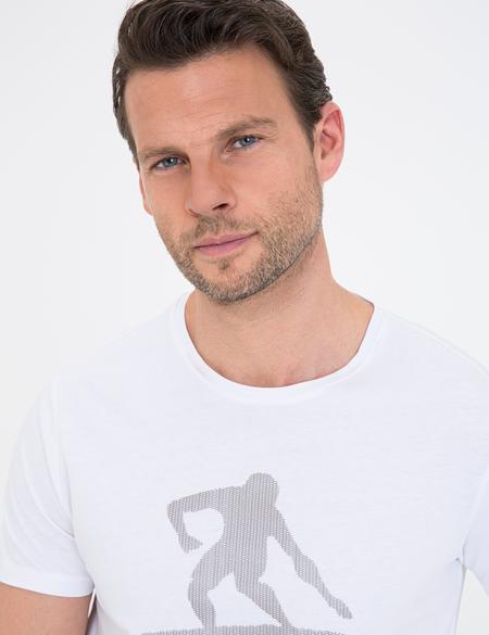 Beyaz Slim Fit Baskılı Bisiklet Yaka Tişört - 50233266002