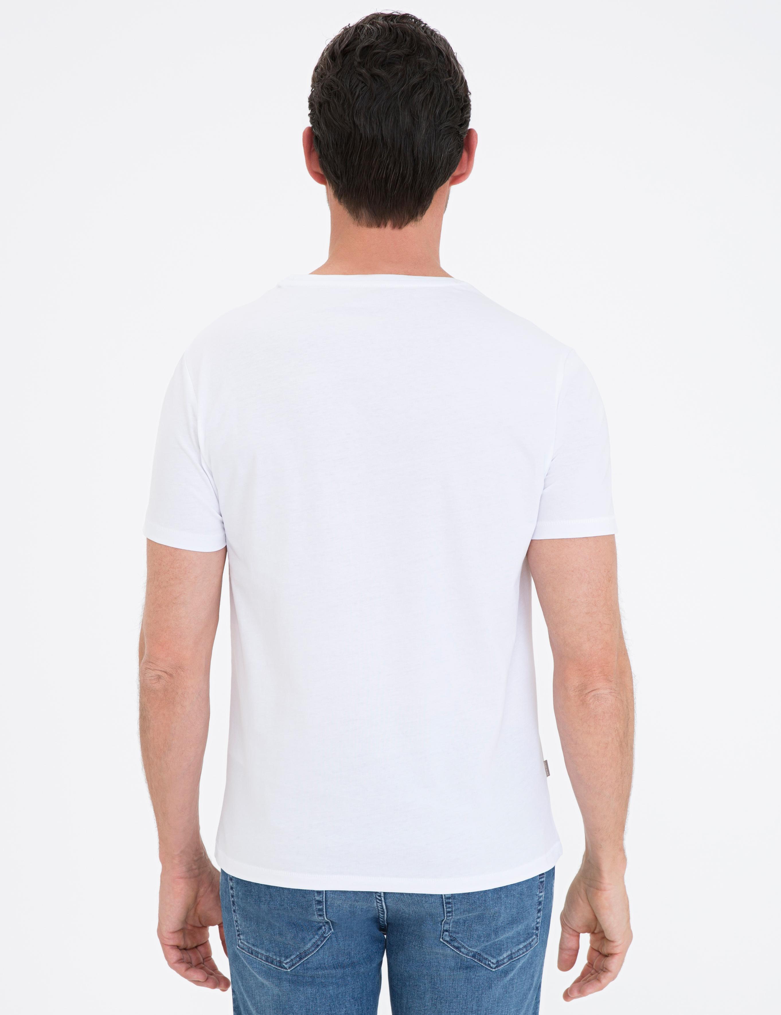 Beyaz Slim Fit Baskılı Bisiklet Yaka Tişört