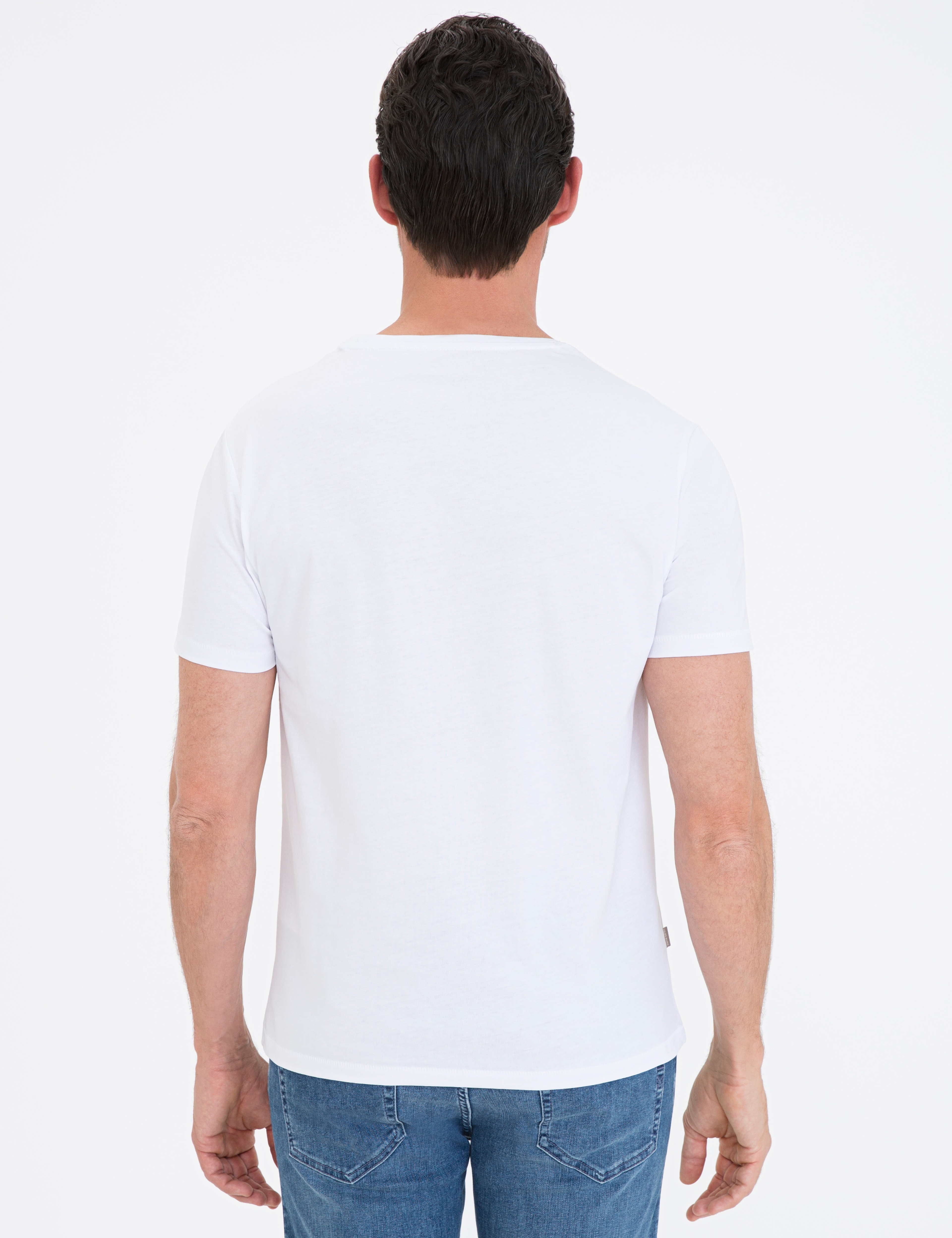 Beyaz Slim Fit Baskılı Bisiklet Yaka Tişört