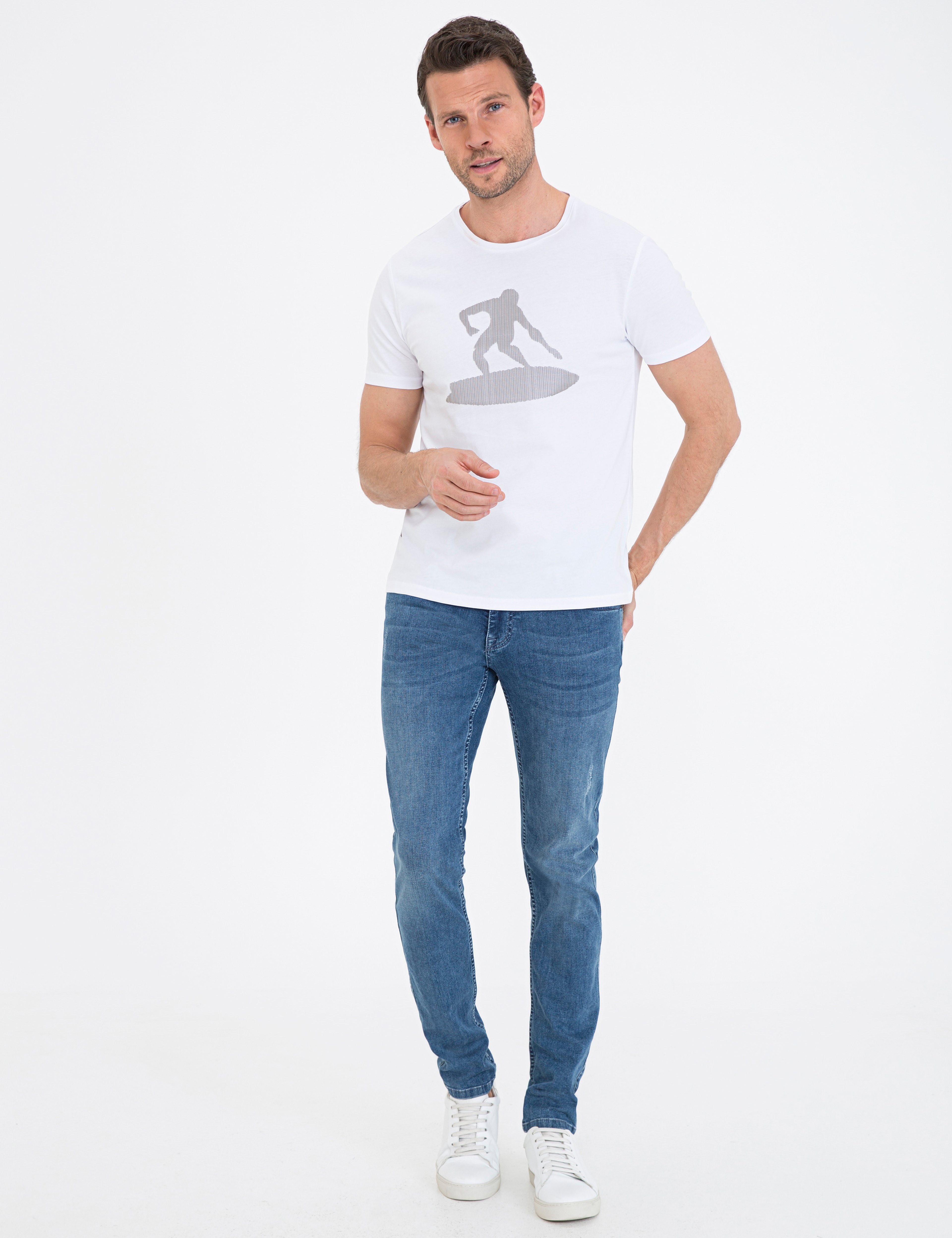Beyaz Slim Fit Baskılı Bisiklet Yaka Tişört - Image 4