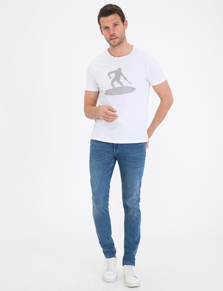Beyaz Slim Fit Baskılı Bisiklet Yaka Tişört - 50233266002
