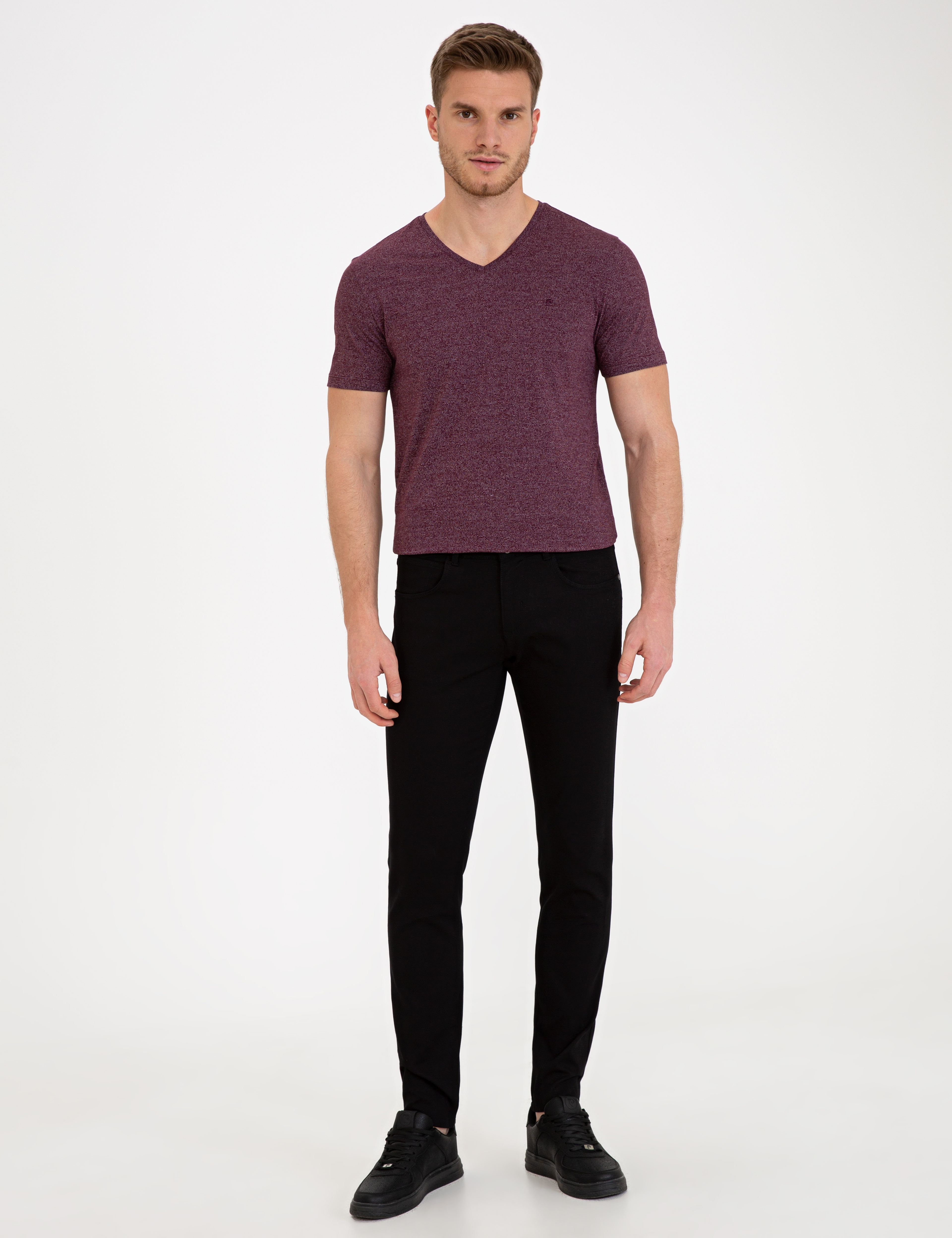 Bordo Slim Fit V Yaka Tişört