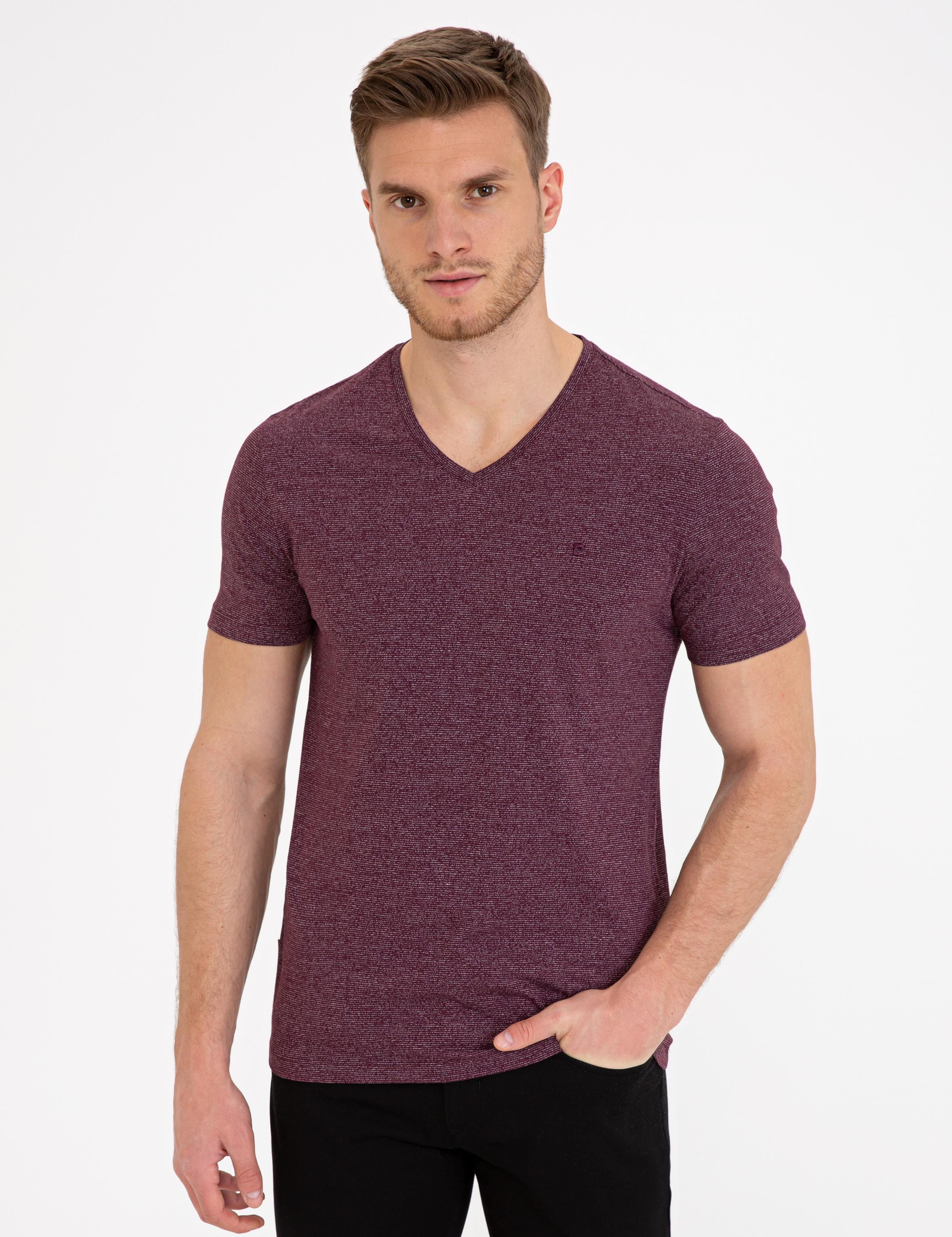 Bordo Slim Fit V Yaka T-Shirt