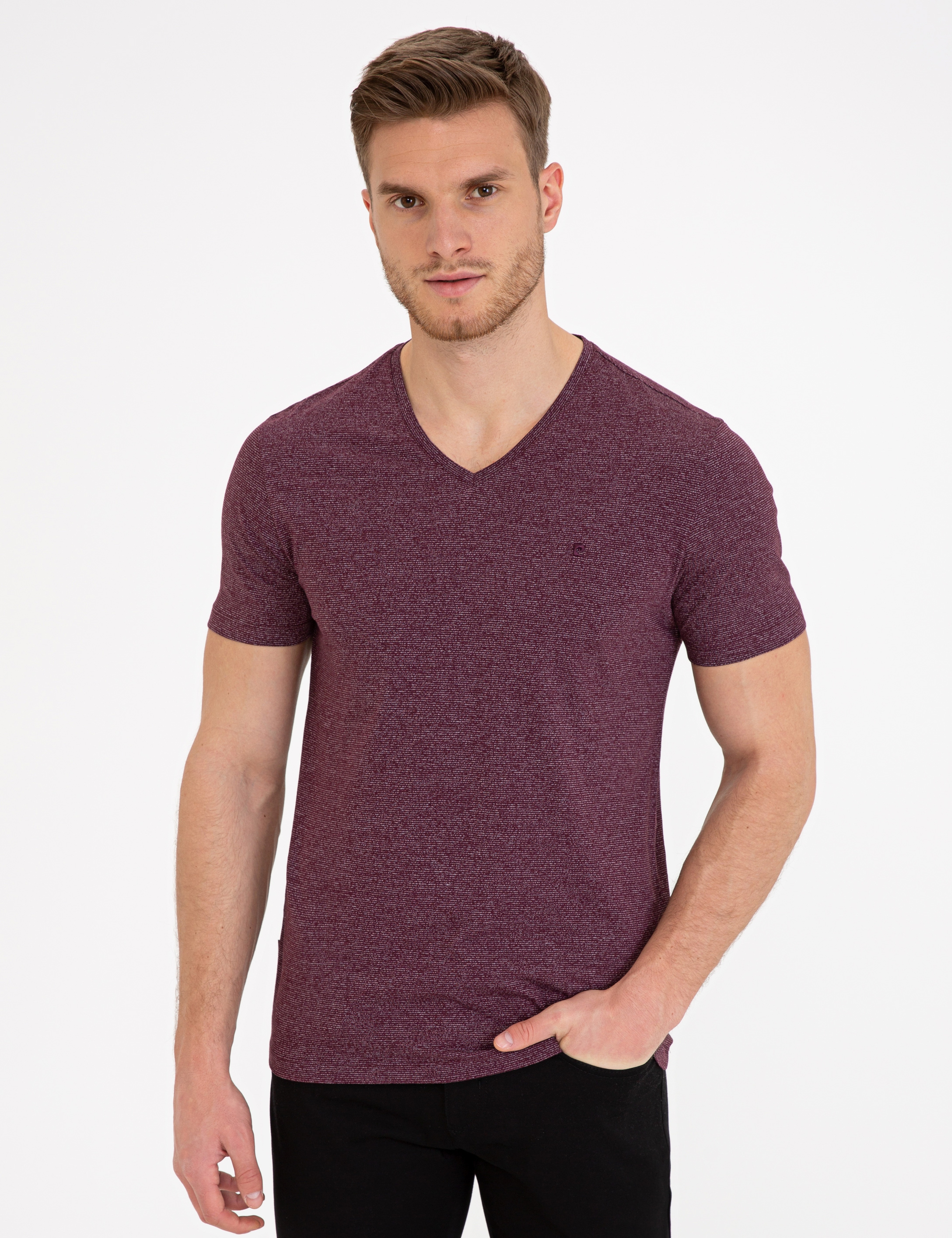 Bordo Slim Fit V Yaka Tişört