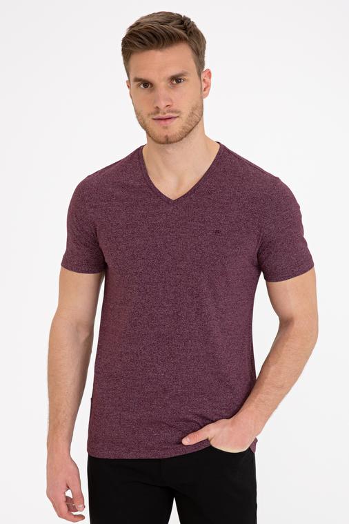 Bordo Slim Fit V Yaka T-Shirt