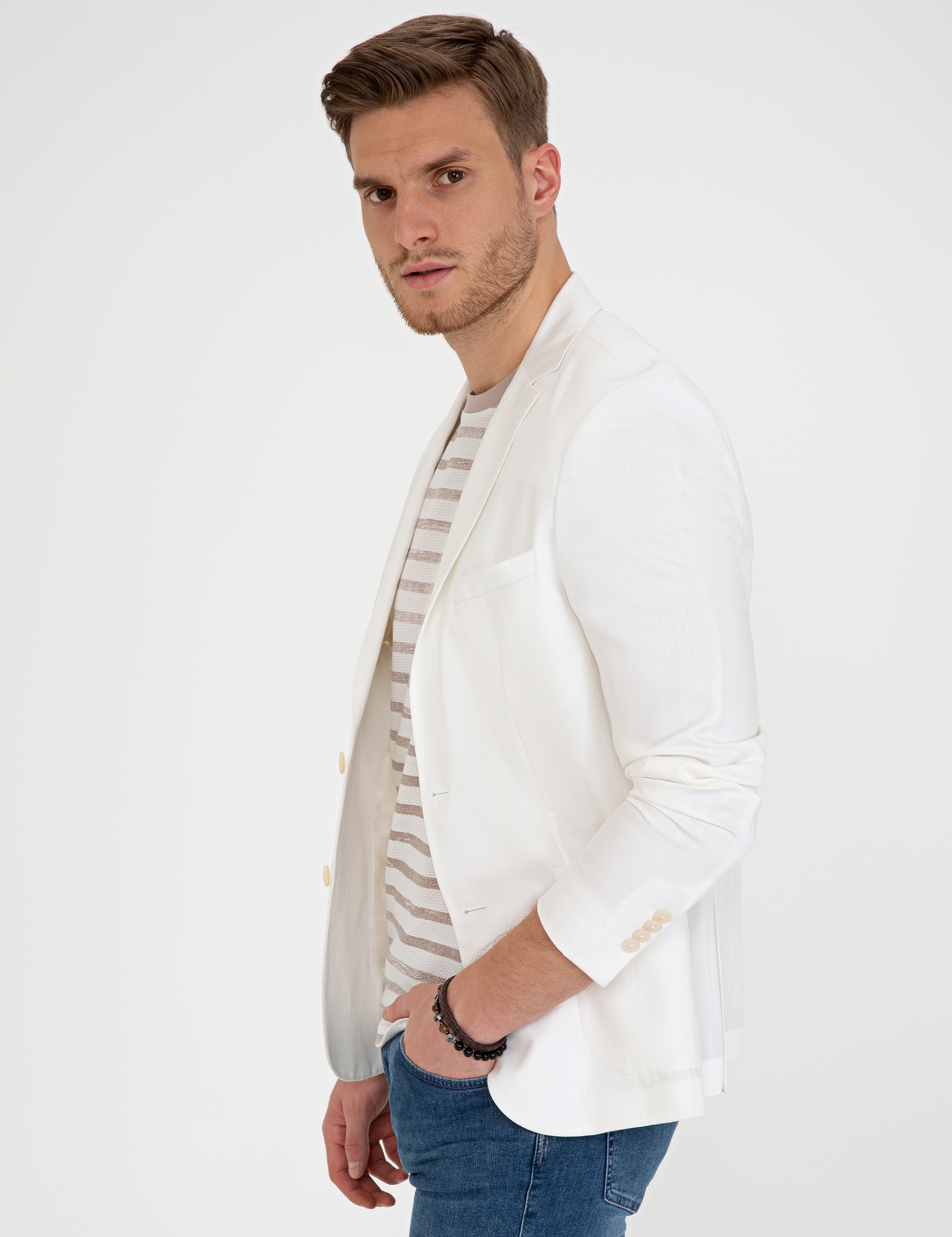 Ekru Slim Fit Ceket - Image 3