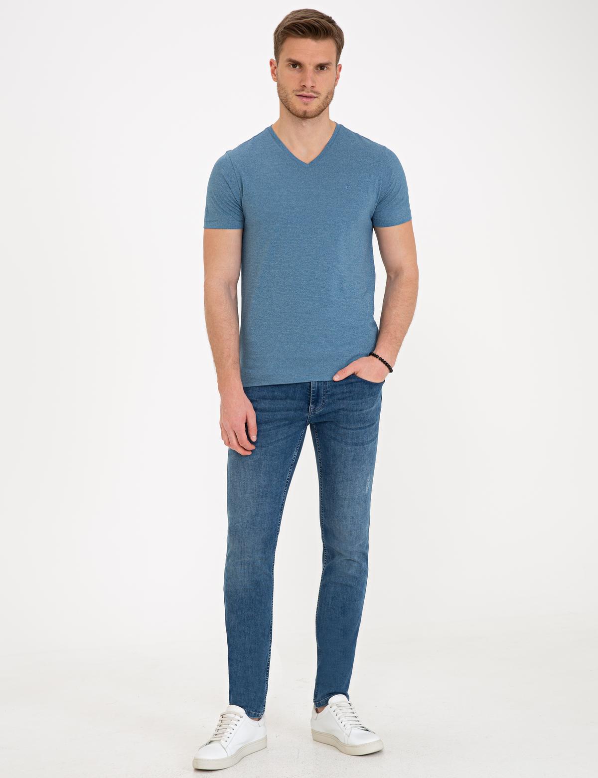 İndigo Mavi Slim Fit V Yaka T-Shirt - 50239847020