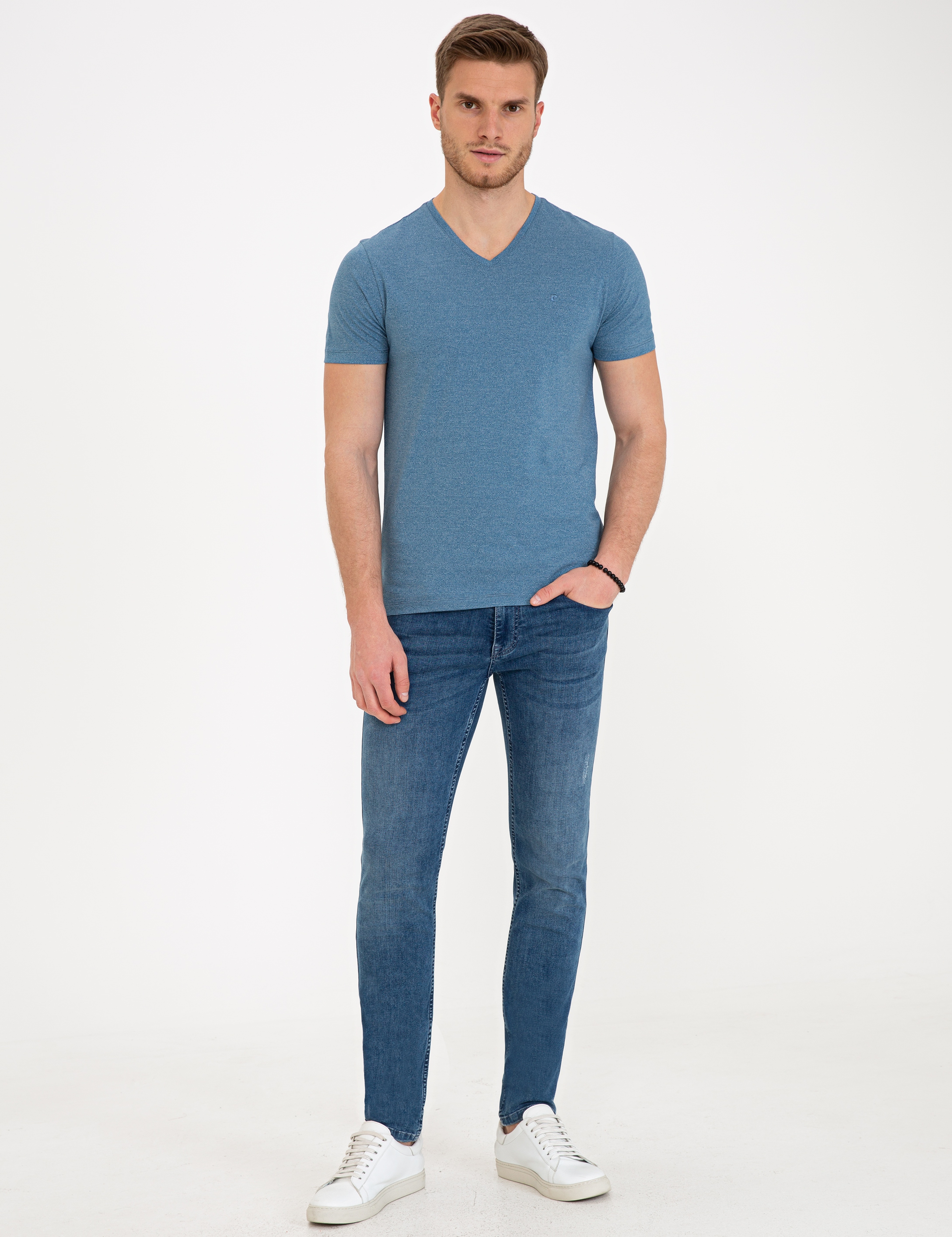 İndigo Mavi Slim Fit V Yaka T-Shirt - Image 4