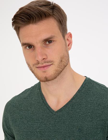 Koyu Yeşil Slim Fit V Yaka Tişört - 50239847028