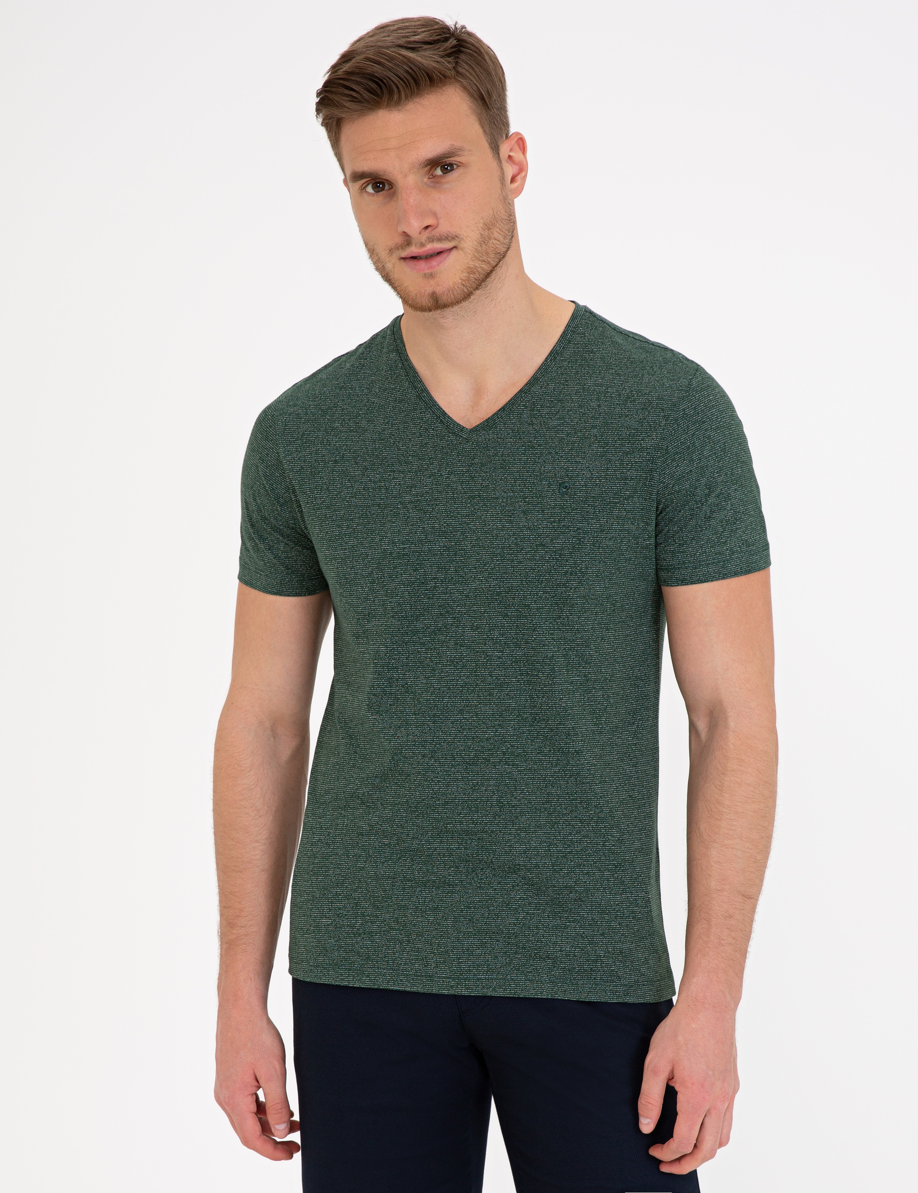 Koyu Yeşil Slim Fit V Yaka Tişört - Image 1