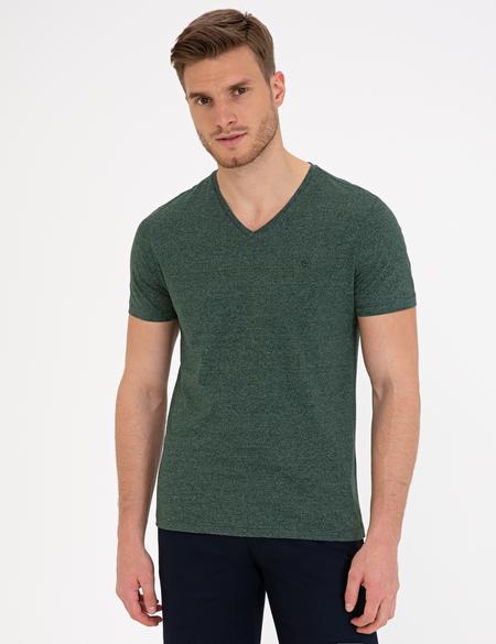 Koyu Yeşil Slim Fit V Yaka Tişört - 50239847028