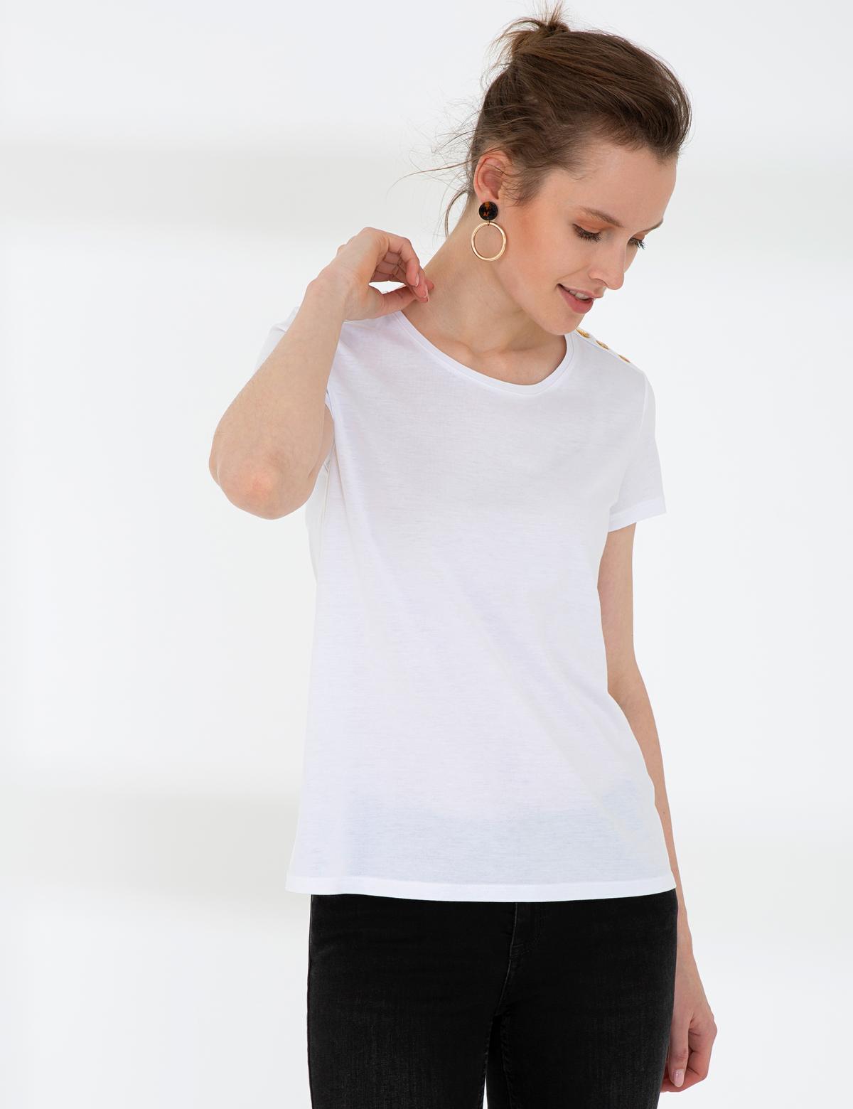 Beyaz Standart Fit Bisiklet Yaka T-Shirt - 50200762009