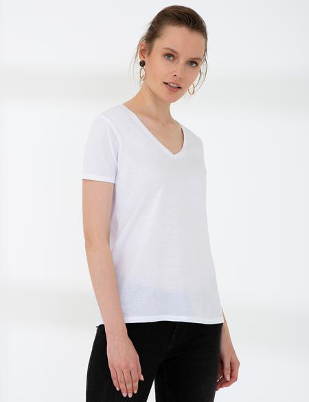 Beyaz Regular Fit V Yaka Tişört - 50202619003