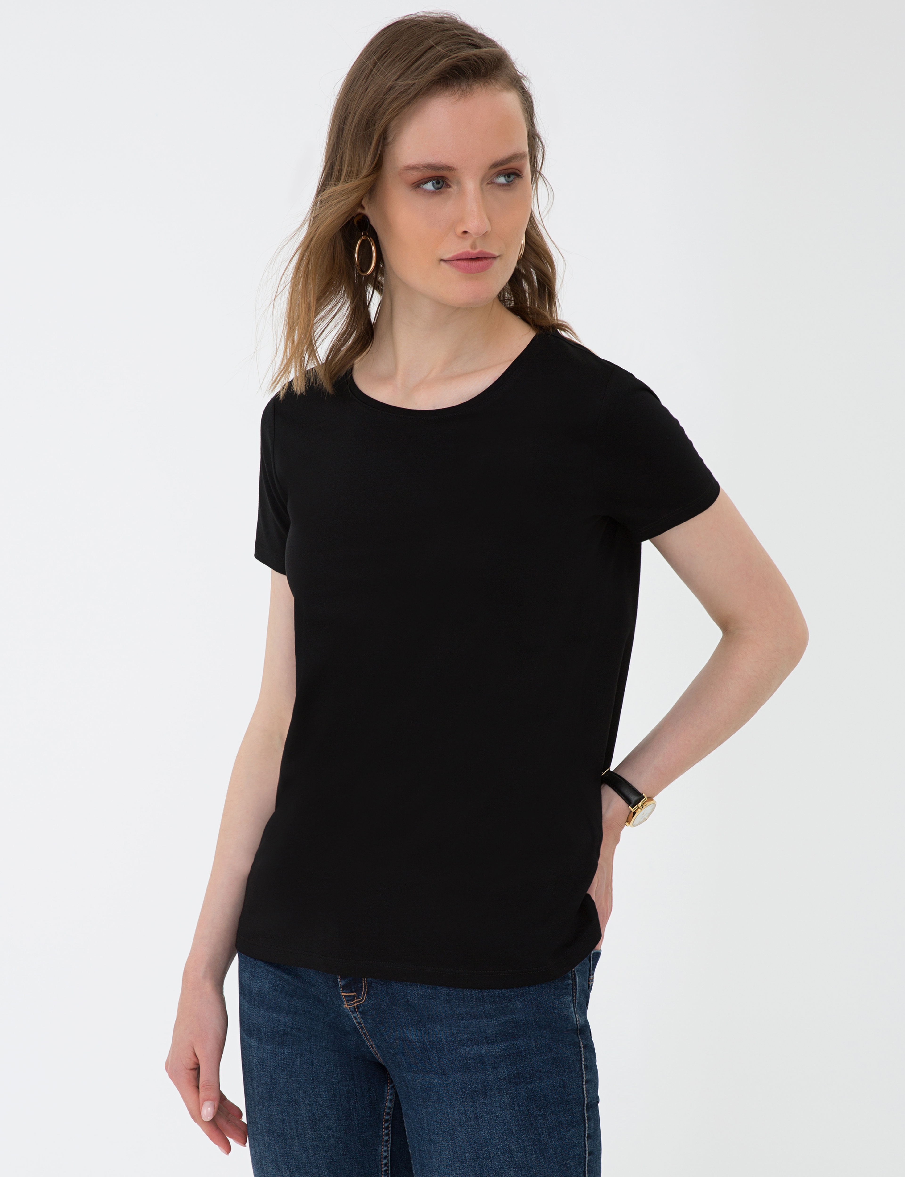 Siyah Standart Fit Bisiklet Yaka T-Shirt