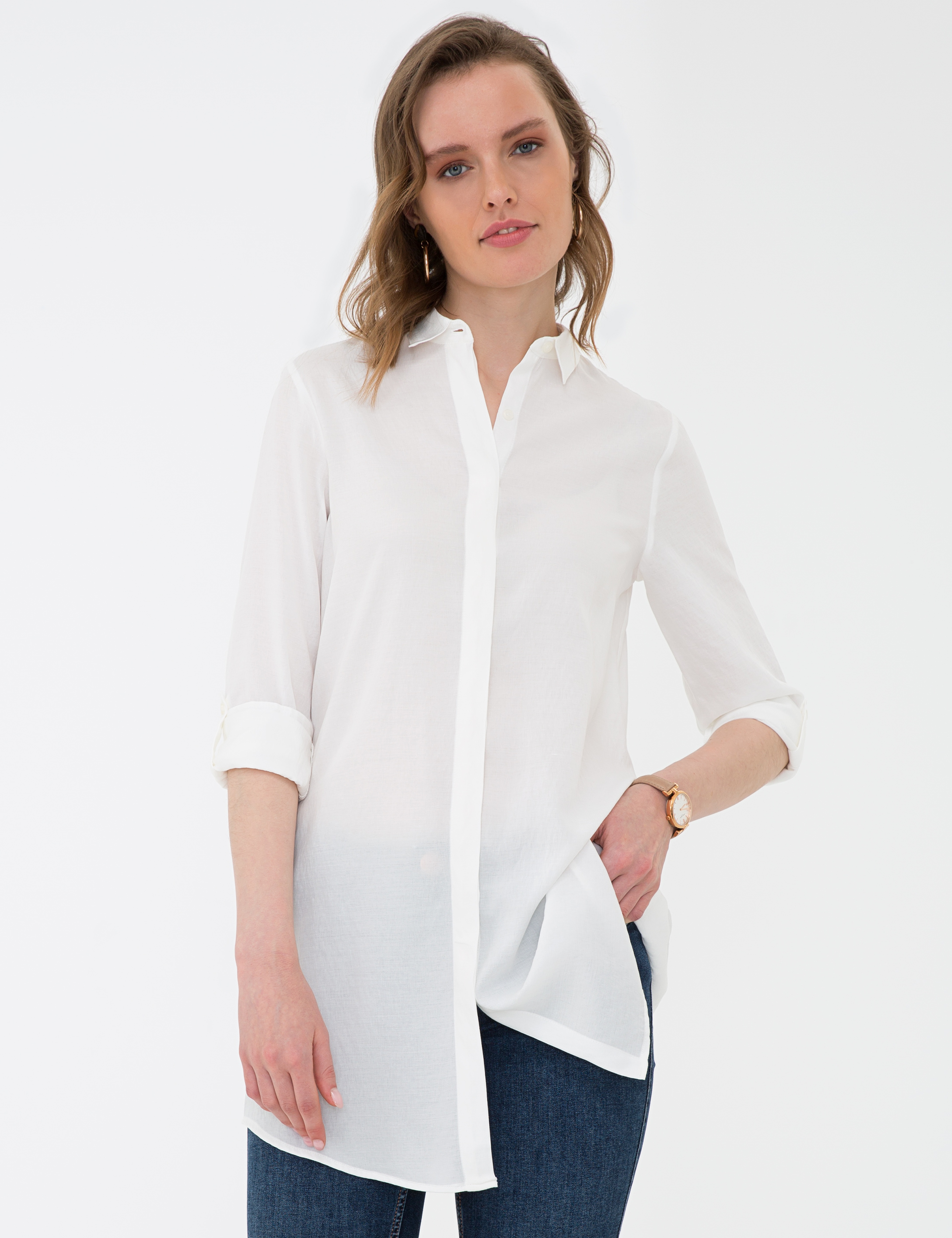 Beyaz Comfort Fit Uzun Kollu Gömlek - Image 3