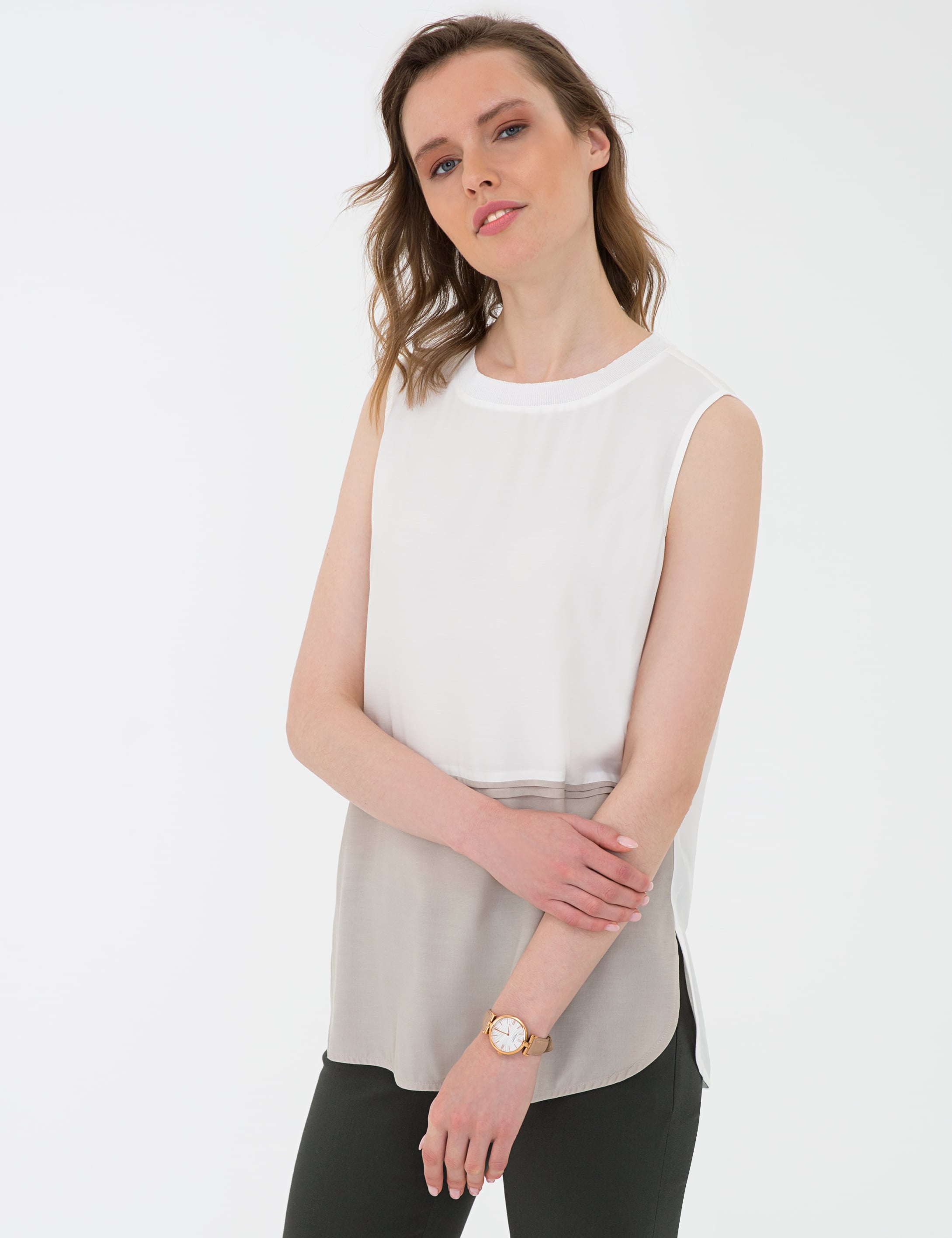 Ekru Regular Fit Kolsuz Bluz - Image 3