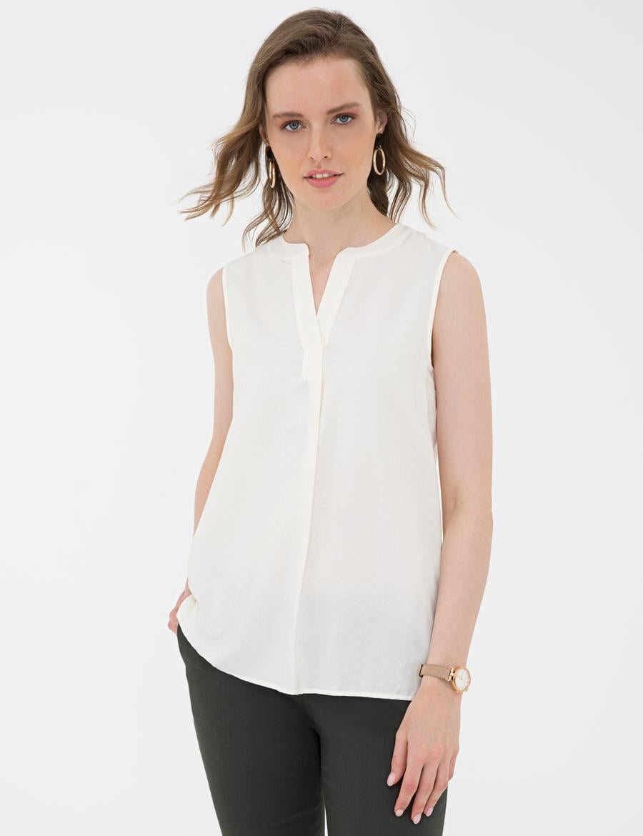 Ekru Slim Fit Kolsuz Gömlek