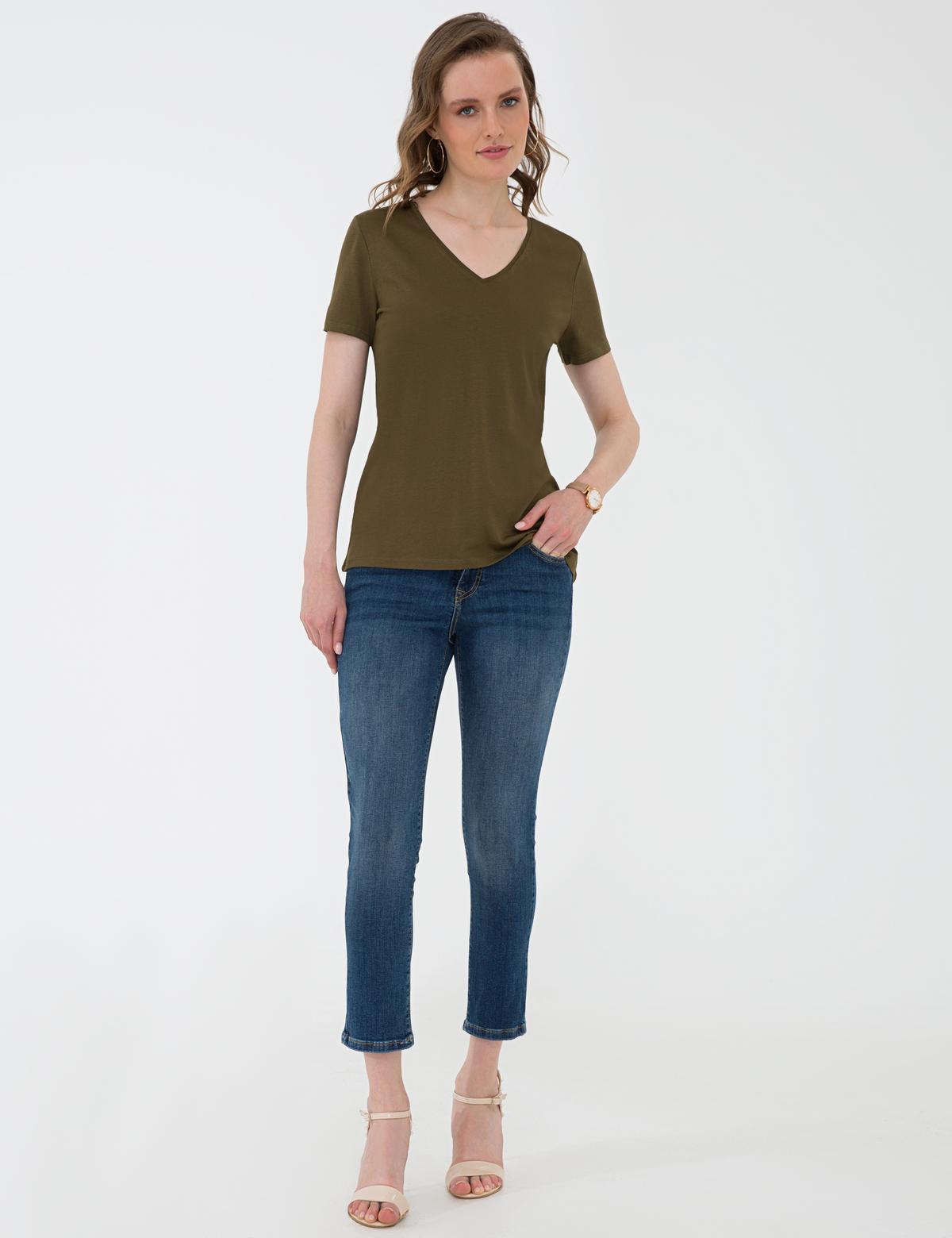 Haki Regular Fit V Yaka Tişört - 50202619027