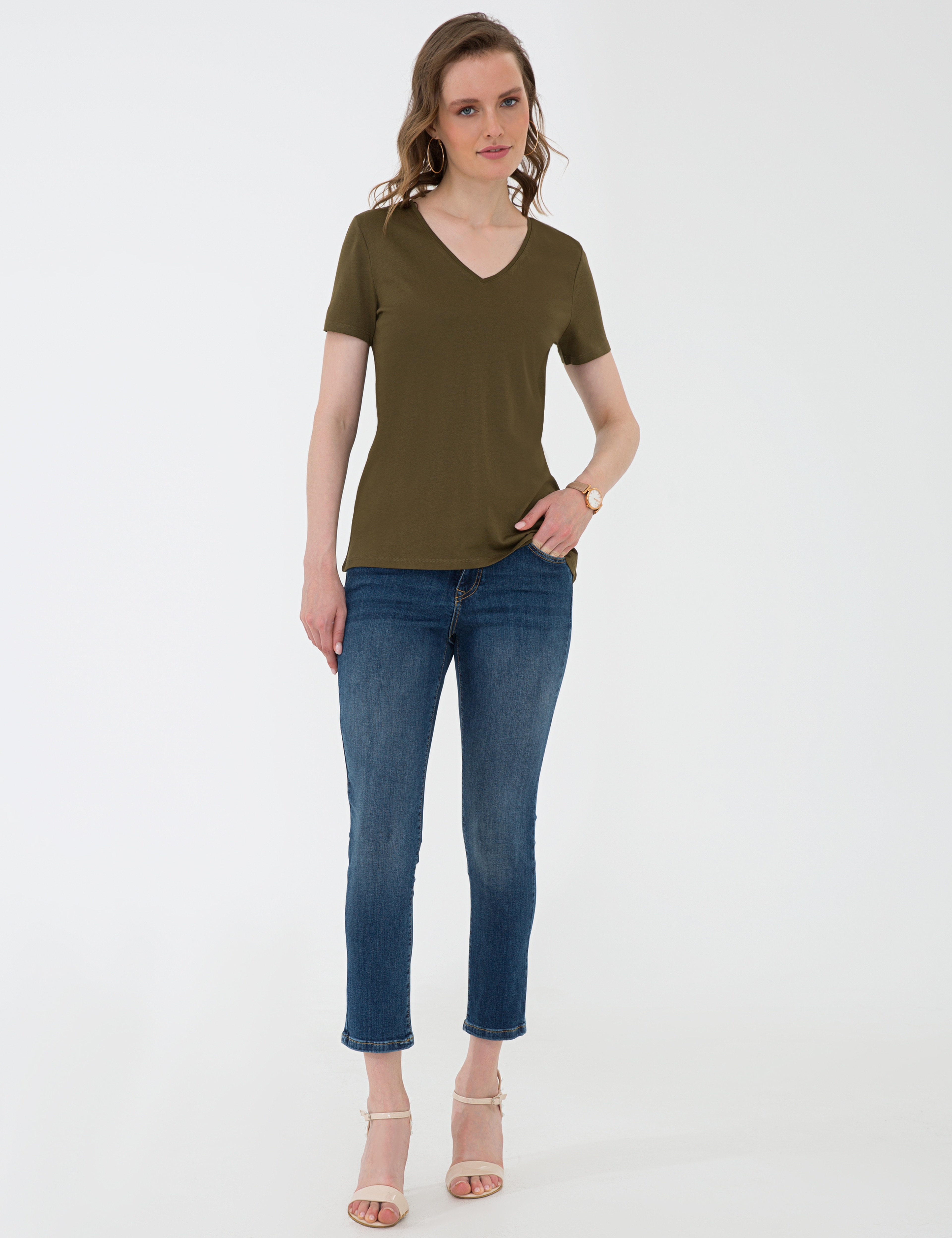 Haki Regular Fit V Yaka Tişört - Image 5