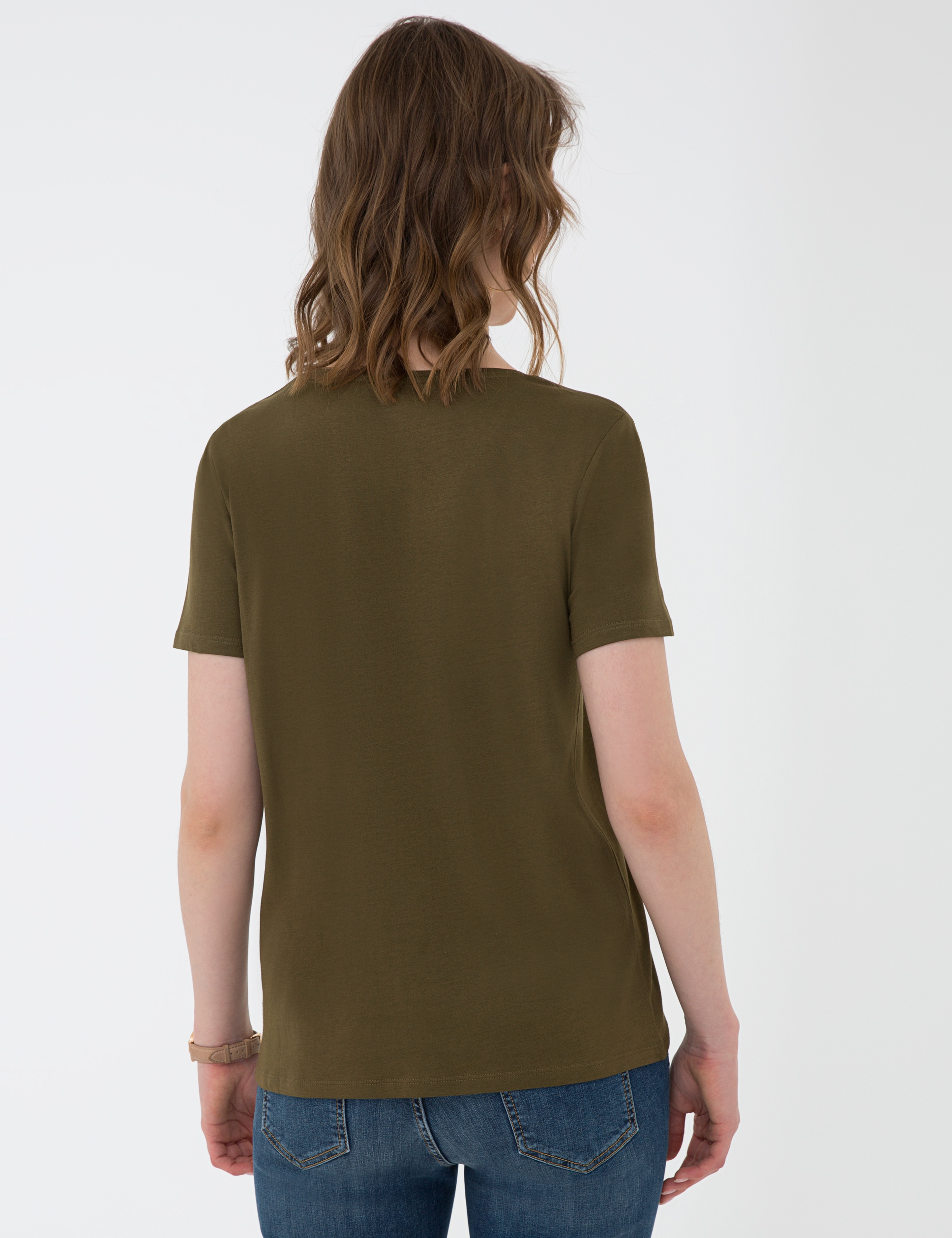 Haki Regular Fit V Yaka Tişört - Image 4