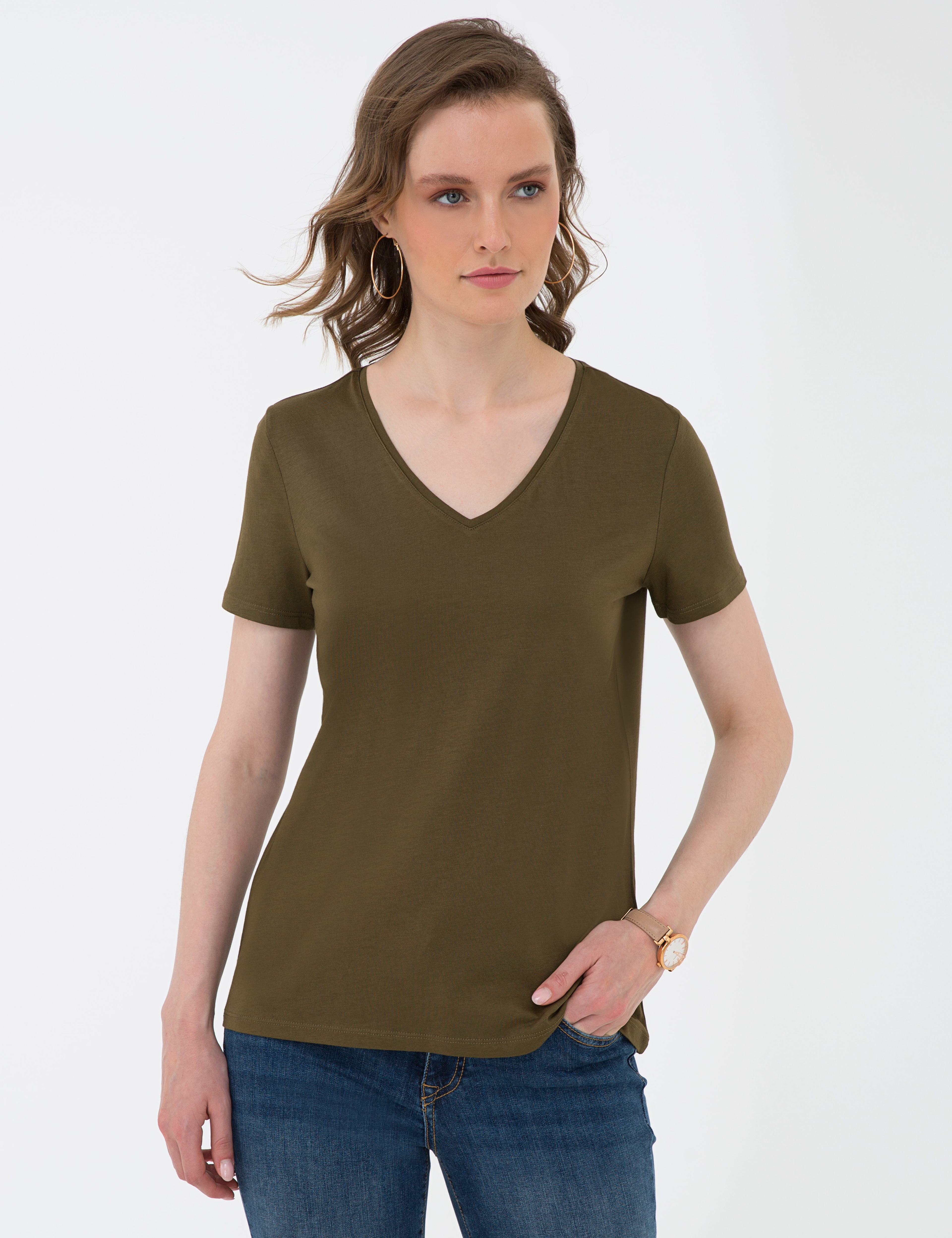 Haki Regular Fit V Yaka Tişört - Image 1