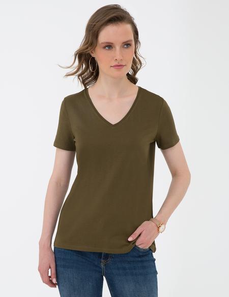 Haki Regular Fit V Yaka Tişört - 50202619027