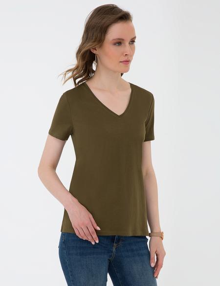 Haki Regular Fit V Yaka Tişört - 50202619027