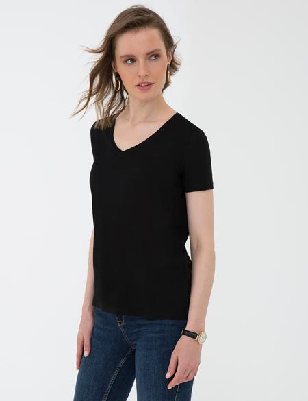 Siyah Regular Fit V Yaka Tişört - 50202619047