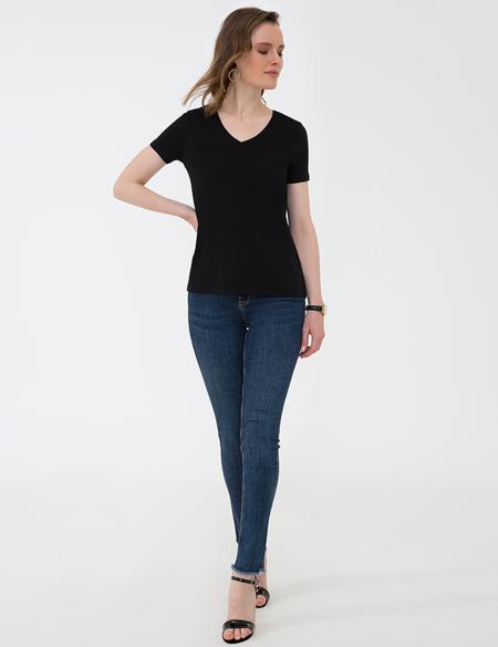 Siyah Regular Fit V Yaka Tişört - 50202619047