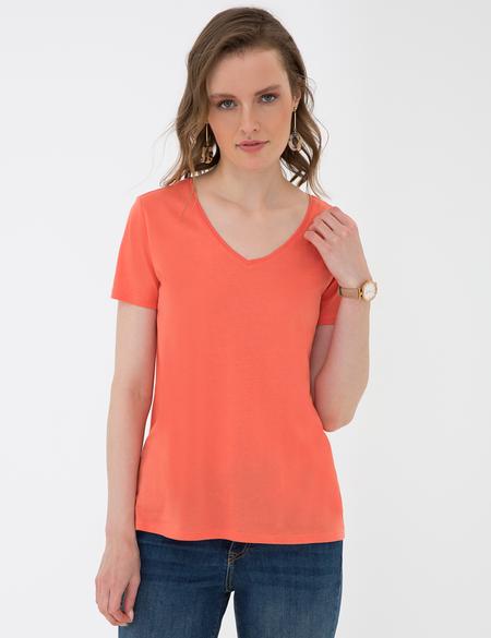 Nar Çiçeği Regular Fit V Yaka Tişört - 50202619081