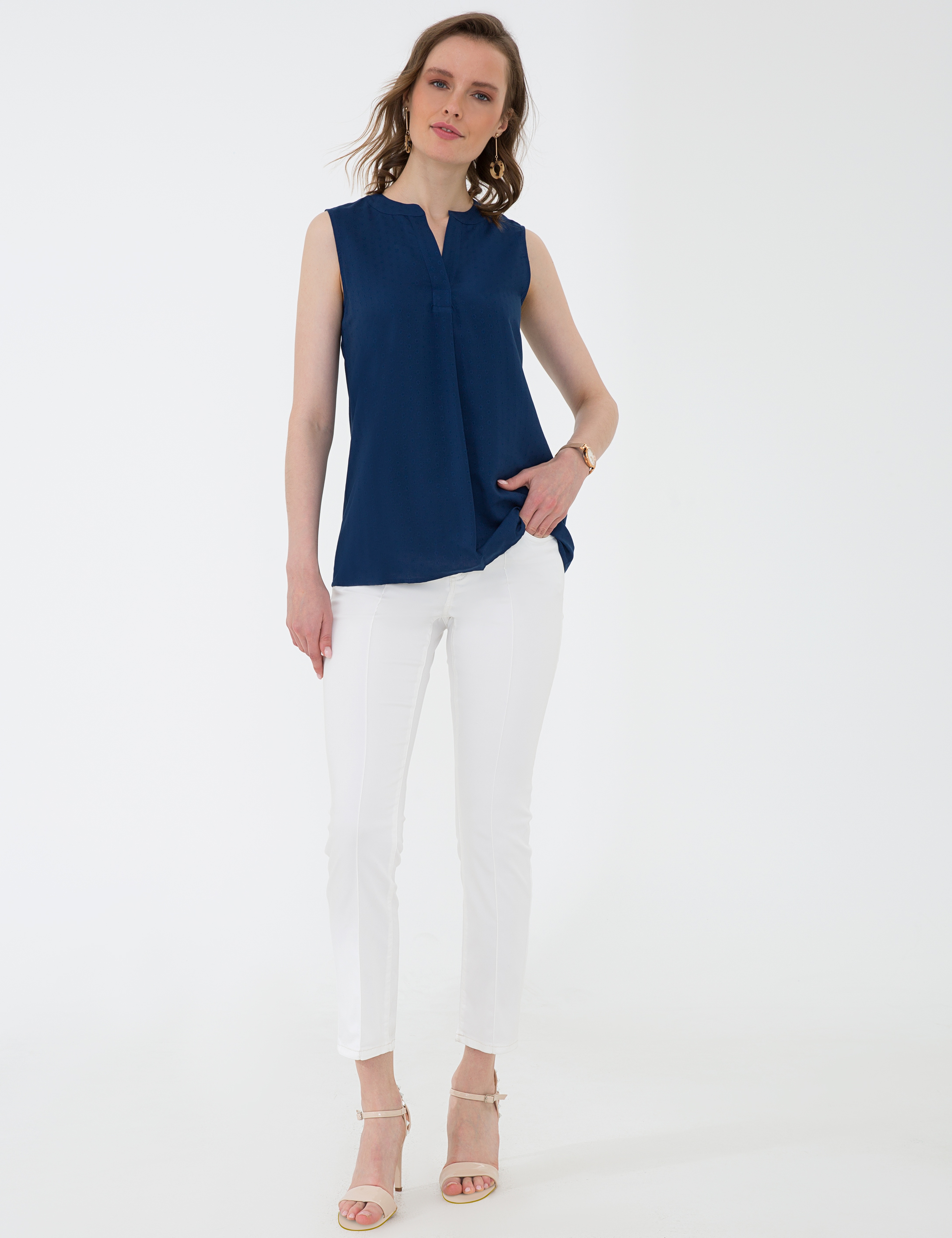 Lacivert Slim Fit Kolsuz Gömlek - Image 5