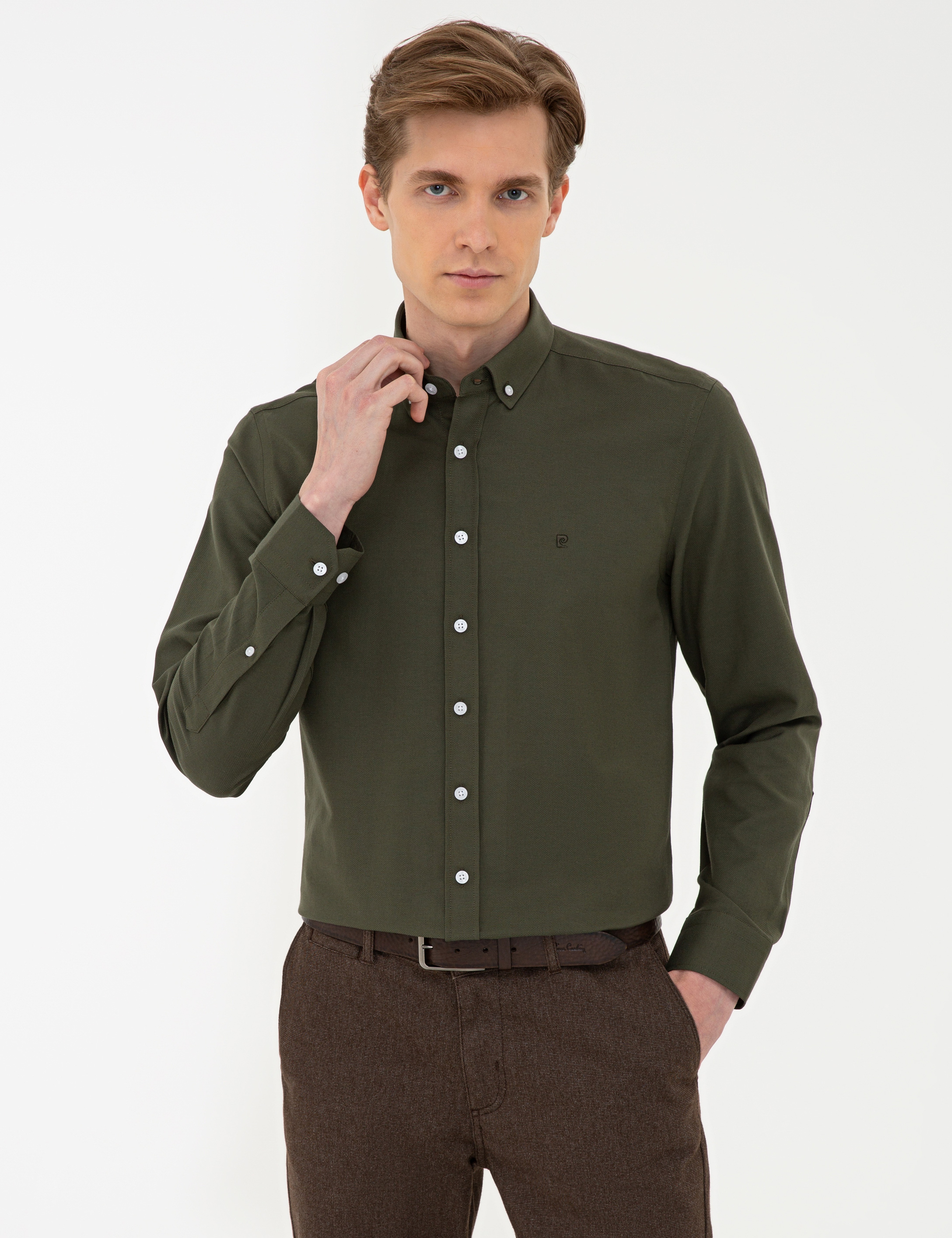 Haki Slim Fit Oxford Gömlek - Image 1