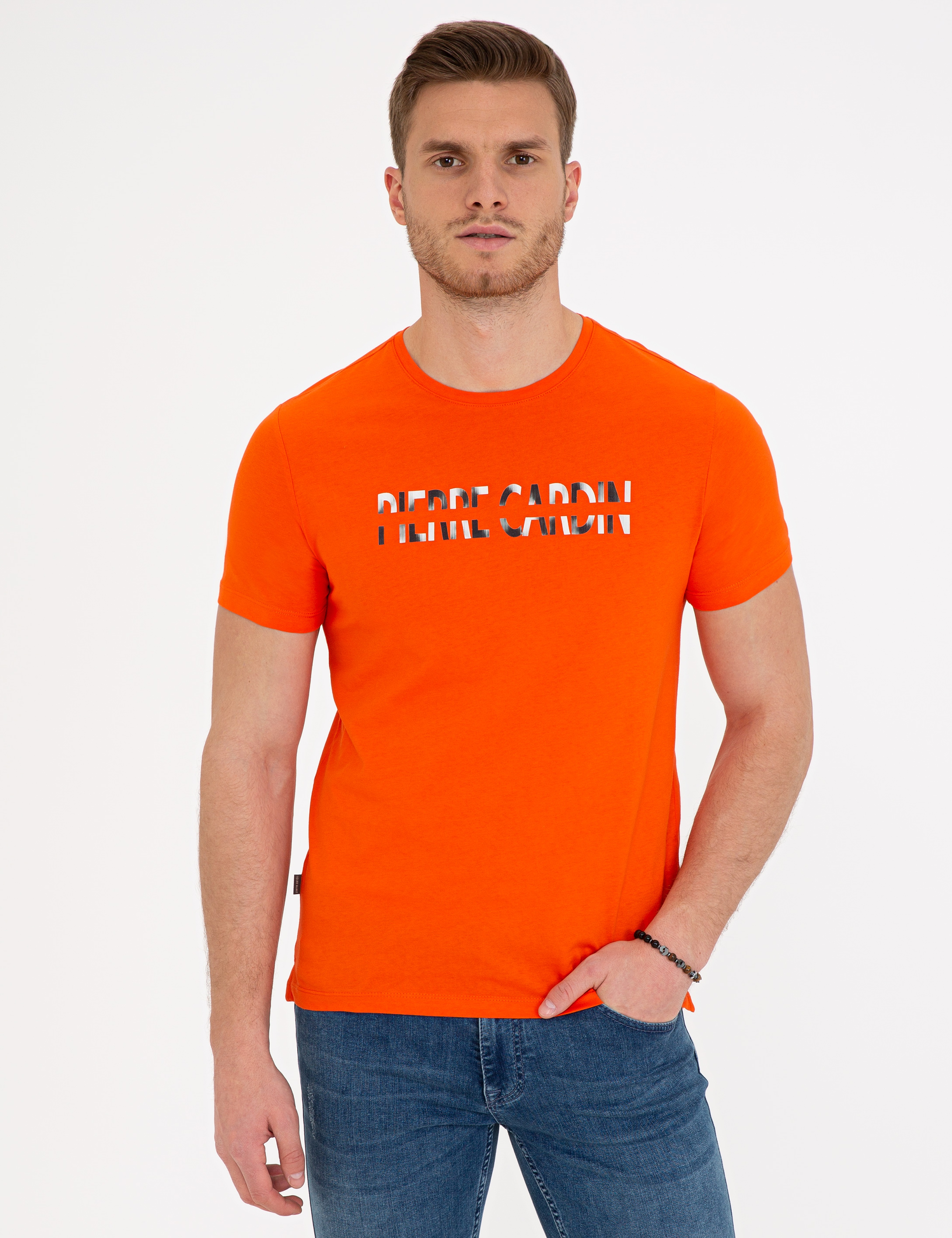 Turuncu Slim Fit Bisiklet Yaka Tişört - Image 1