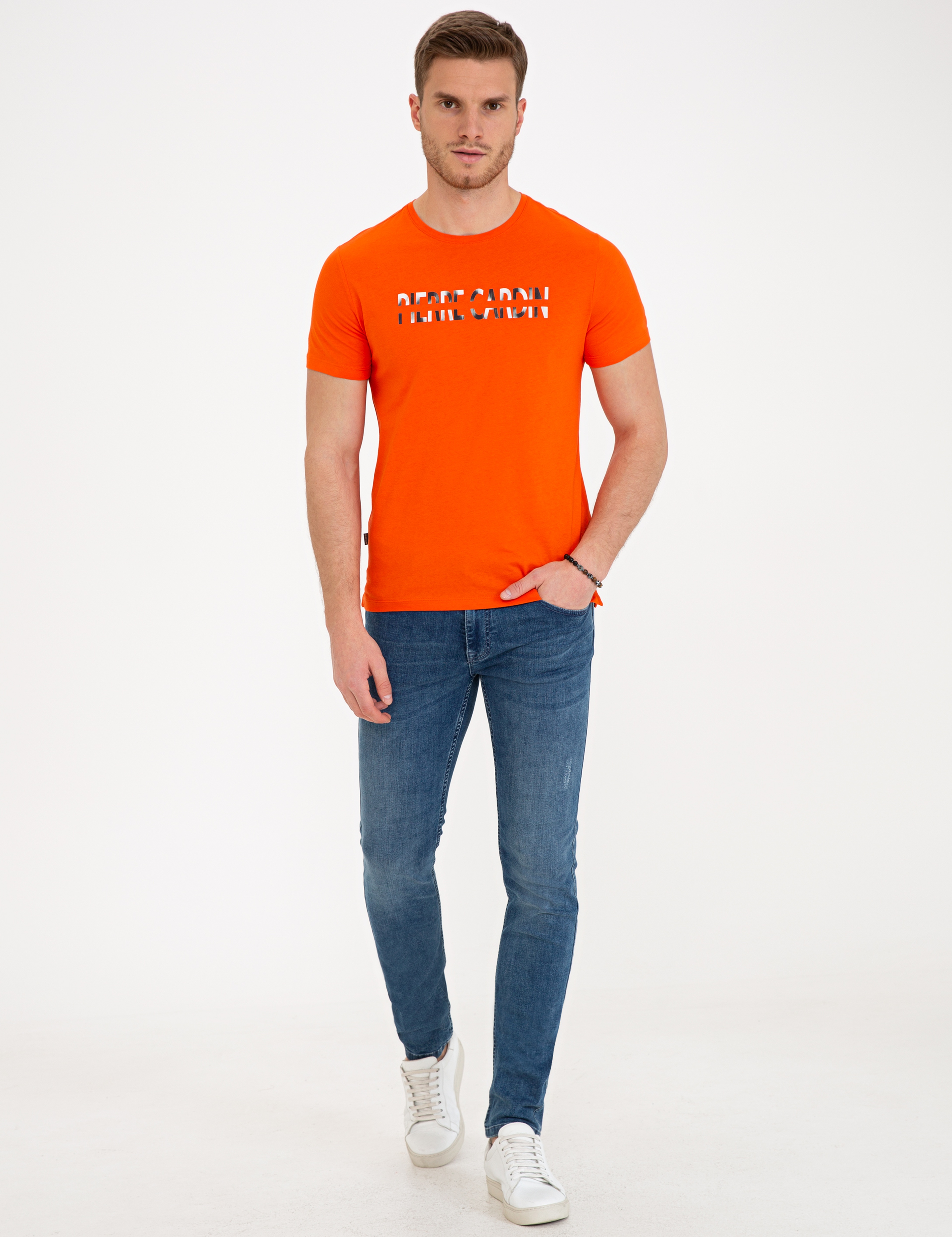 Turuncu Slim Fit Bisiklet Yaka Tişört