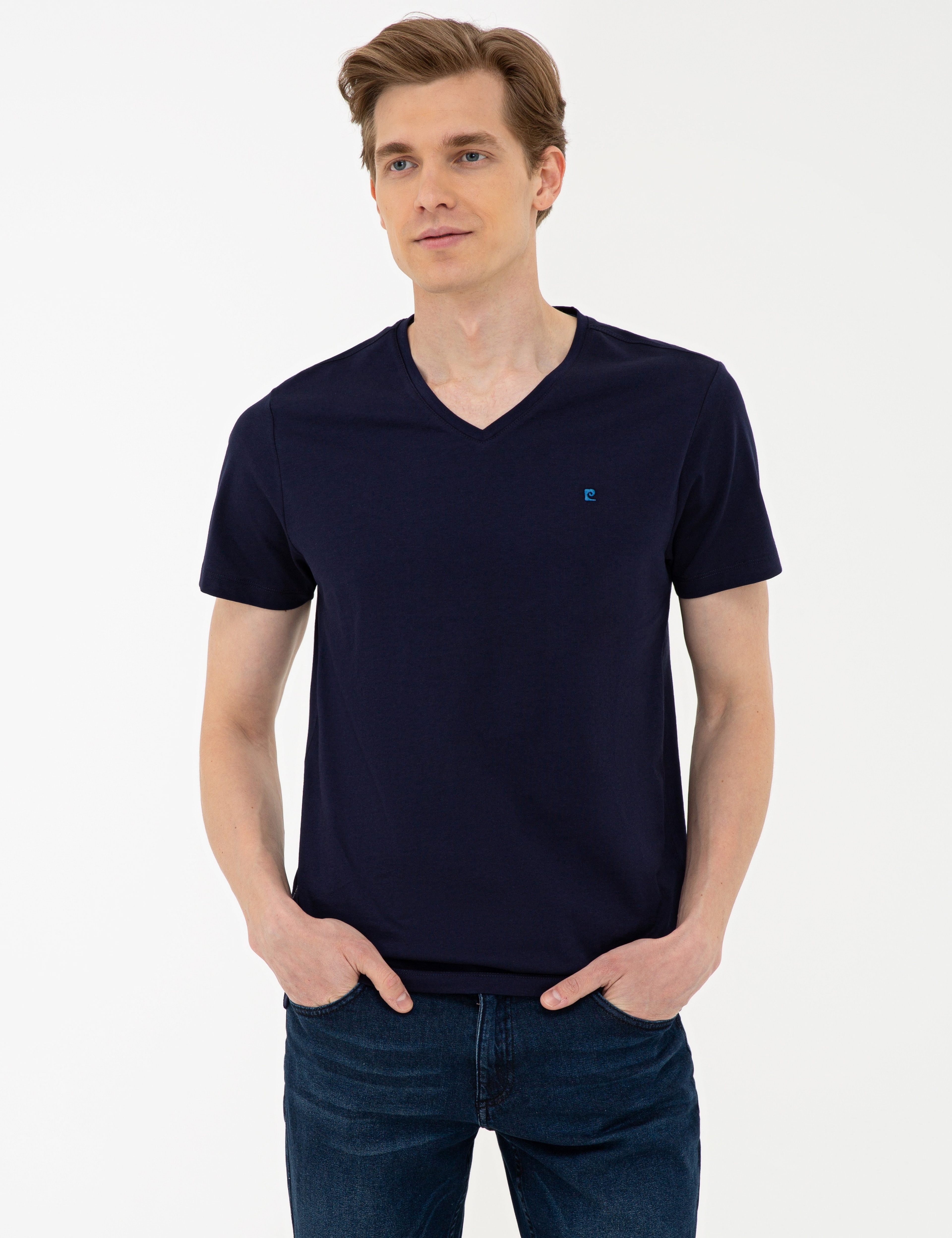 Lacivert Slim Fit Basic V Yaka T-Shirt - Image 1