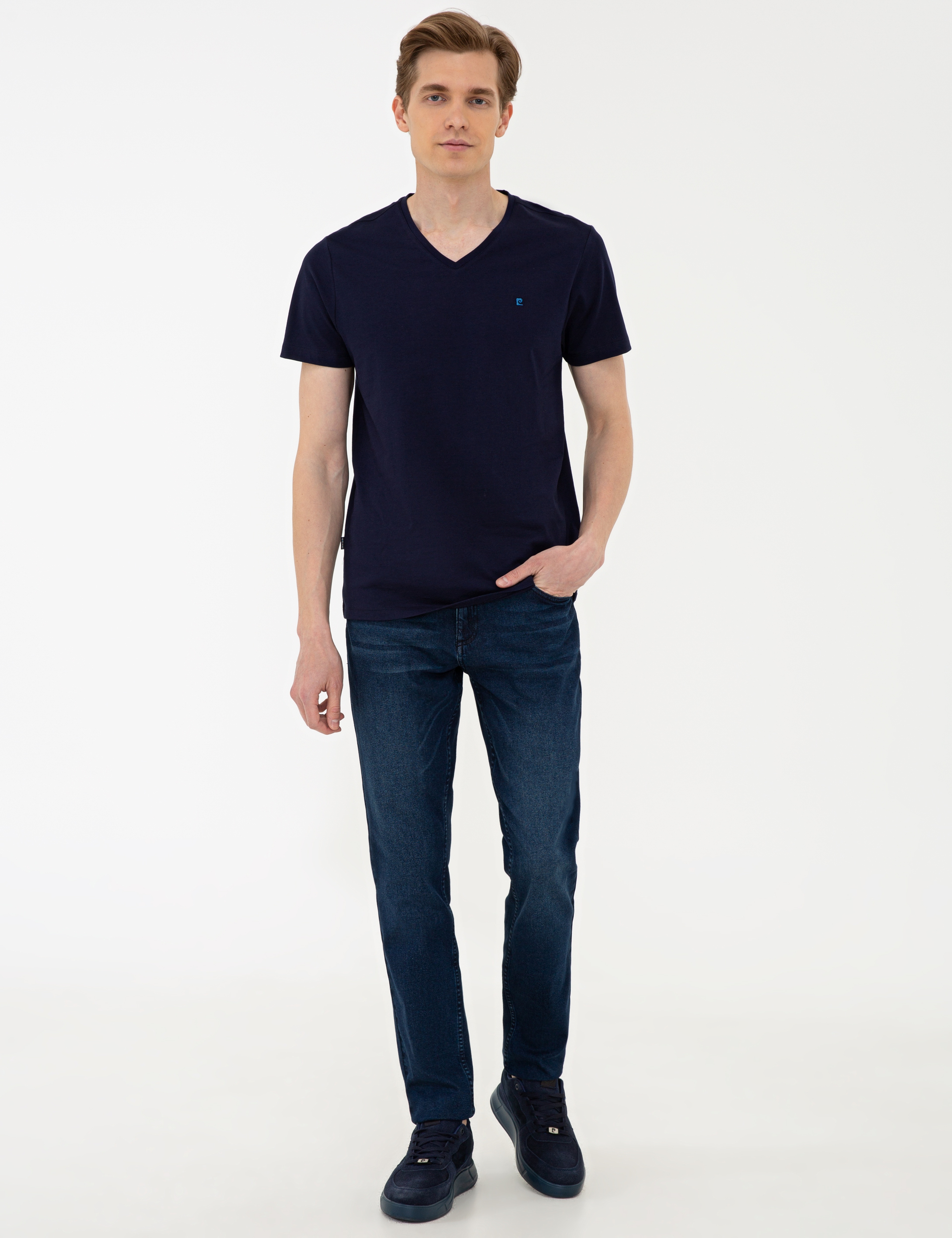 Lacivert Slim Fit Basic V Yaka T-Shirt - Image 4