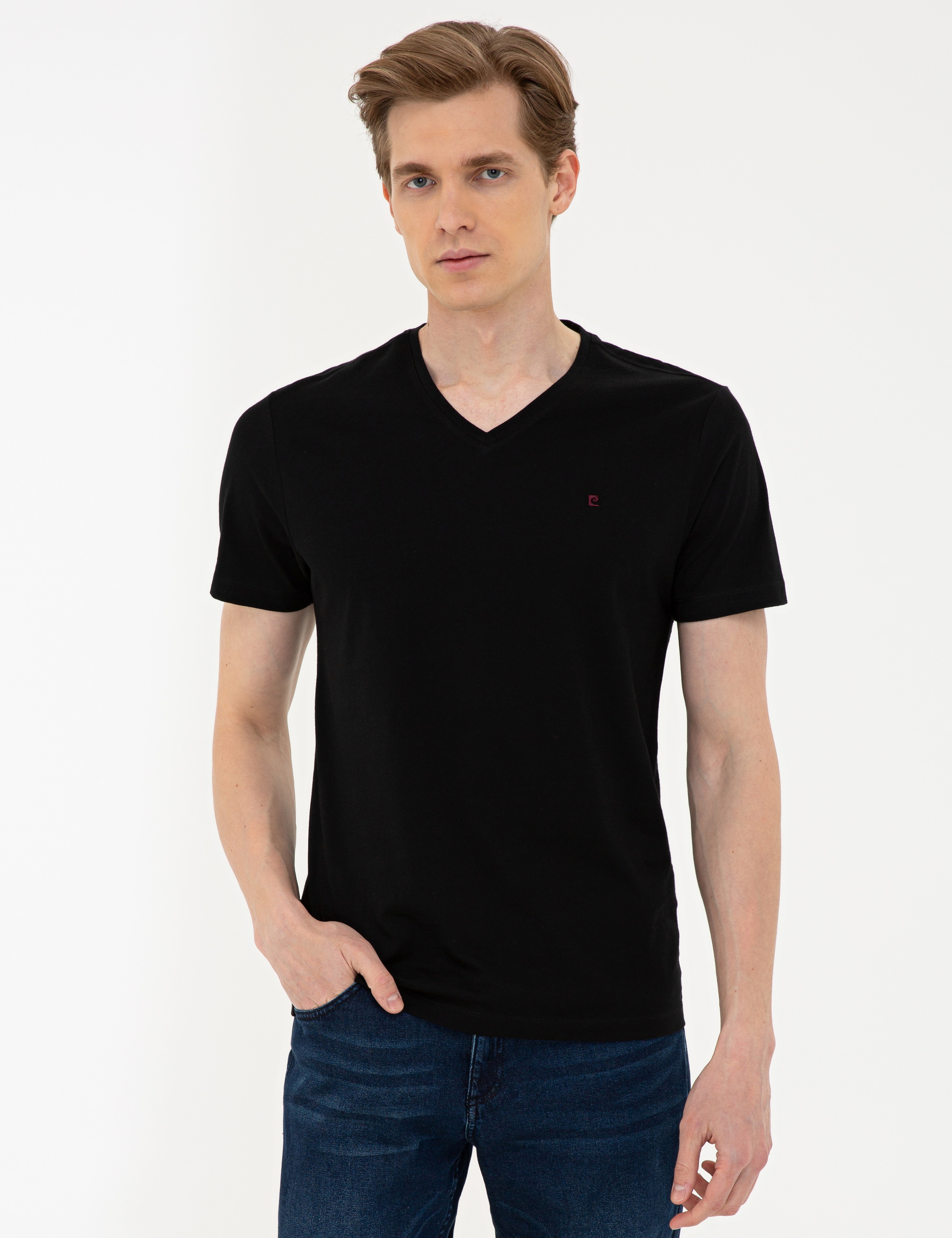 Siyah Slim Fit Basic V Yaka T-Shirt - Image 1