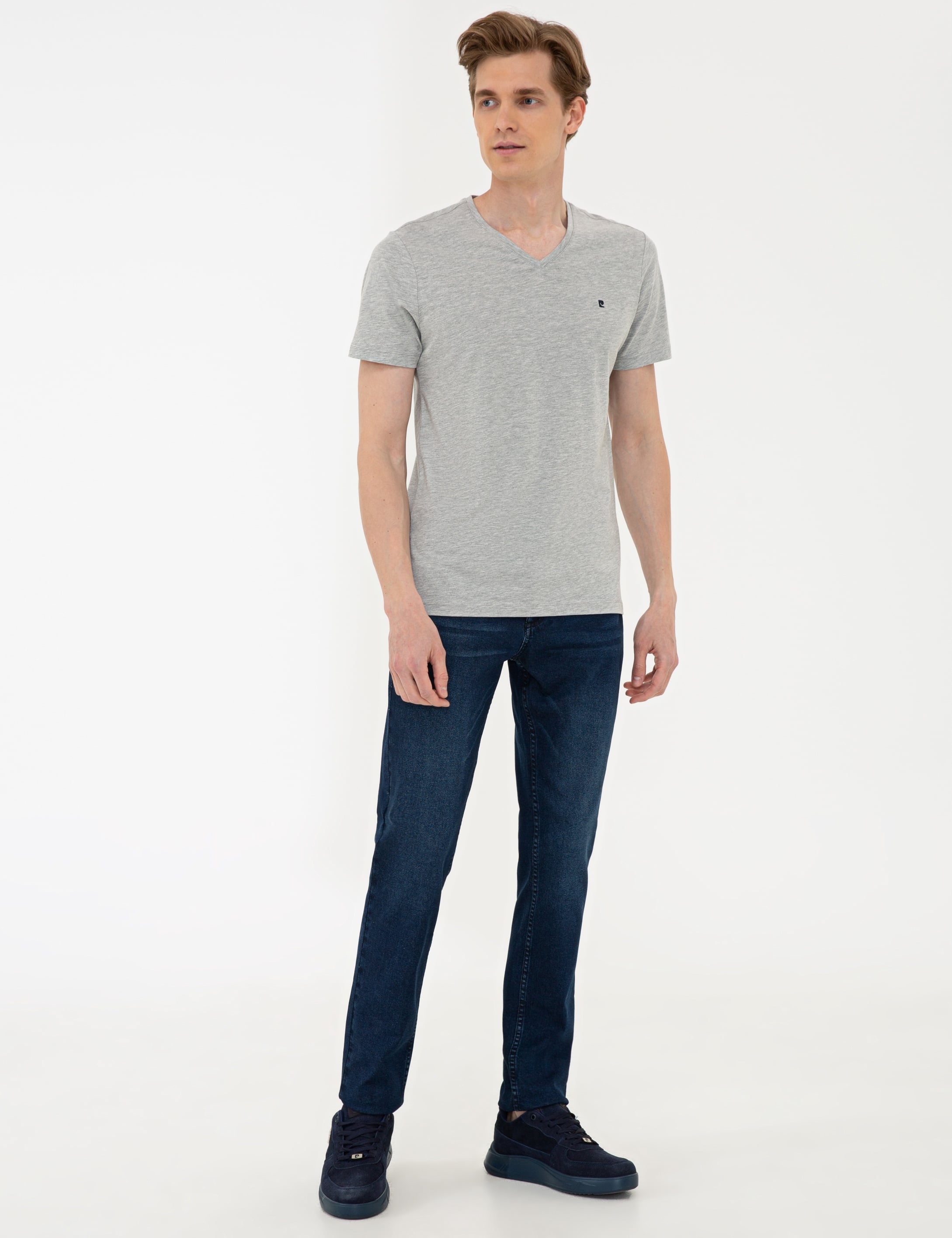 Gri Melanj Slim Fit Basic V Yaka Tişört - Image 4