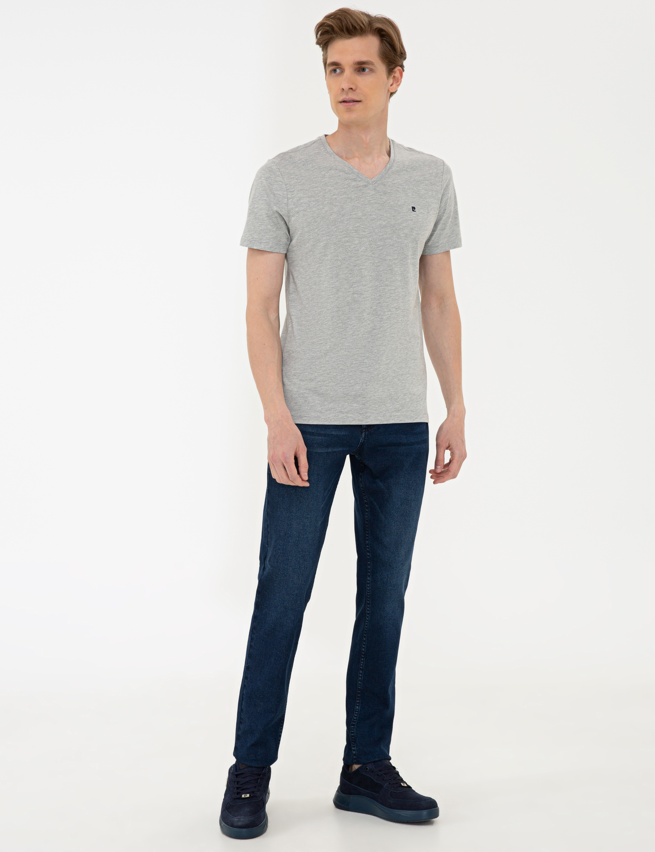 Gri Melanj Slim Fit Basic V Yaka Tişört