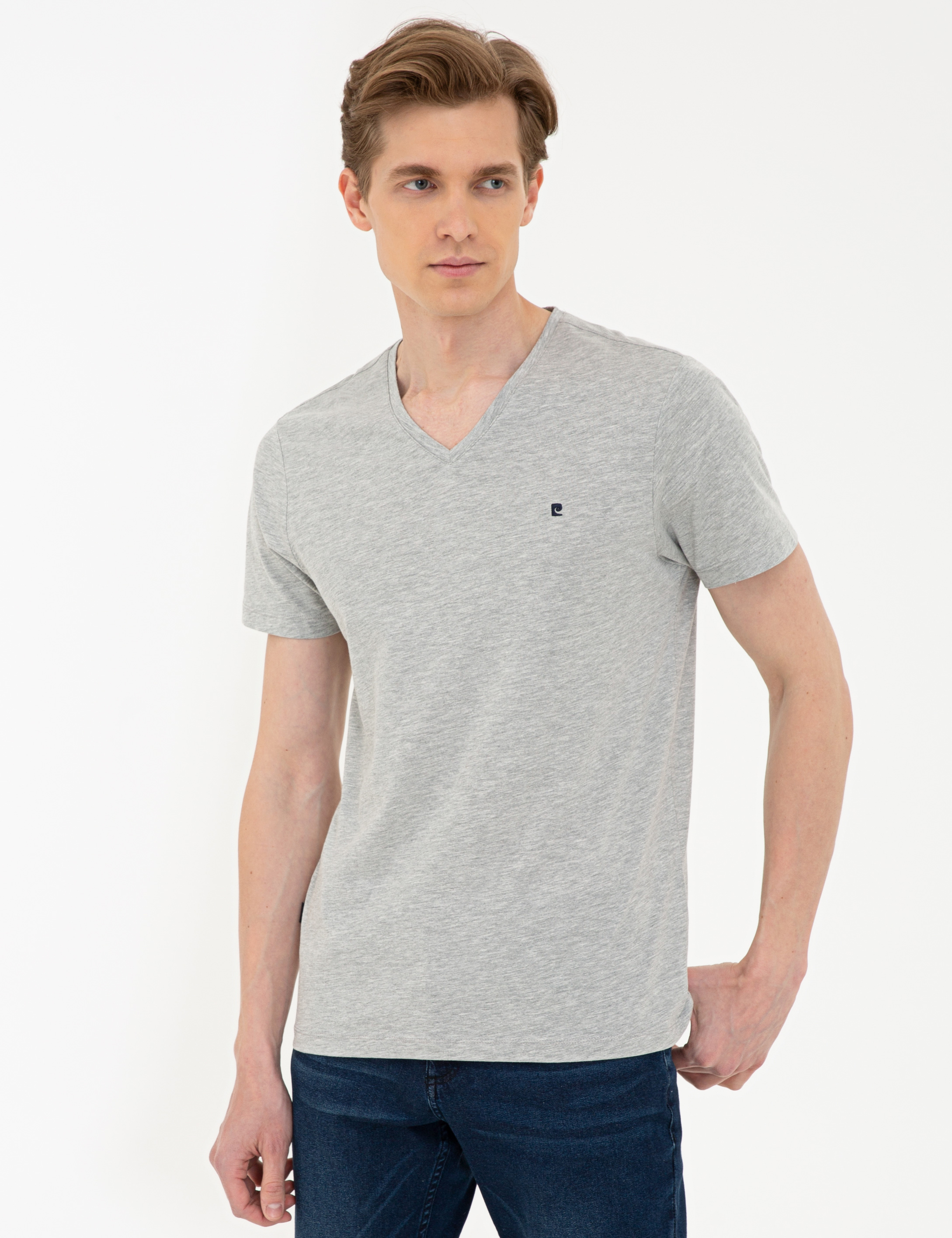 Gri Melanj Slim Fit Basic V Yaka Tişört
