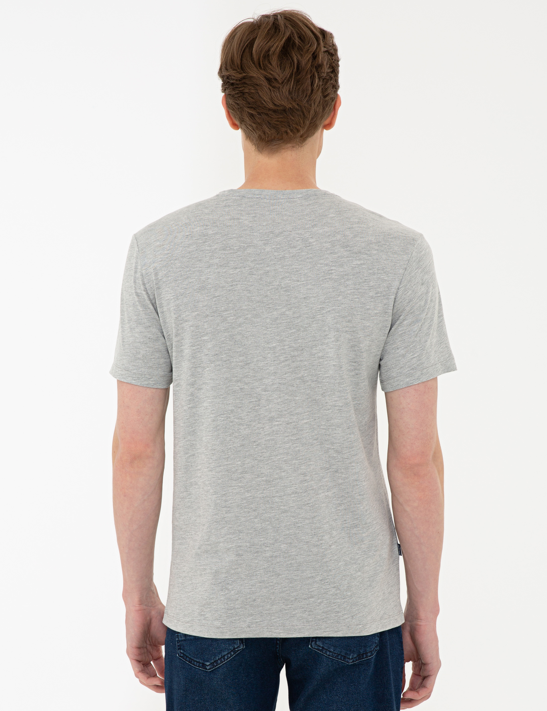 Gri Melanj Slim Fit Basic V Yaka Tişört - Image 3