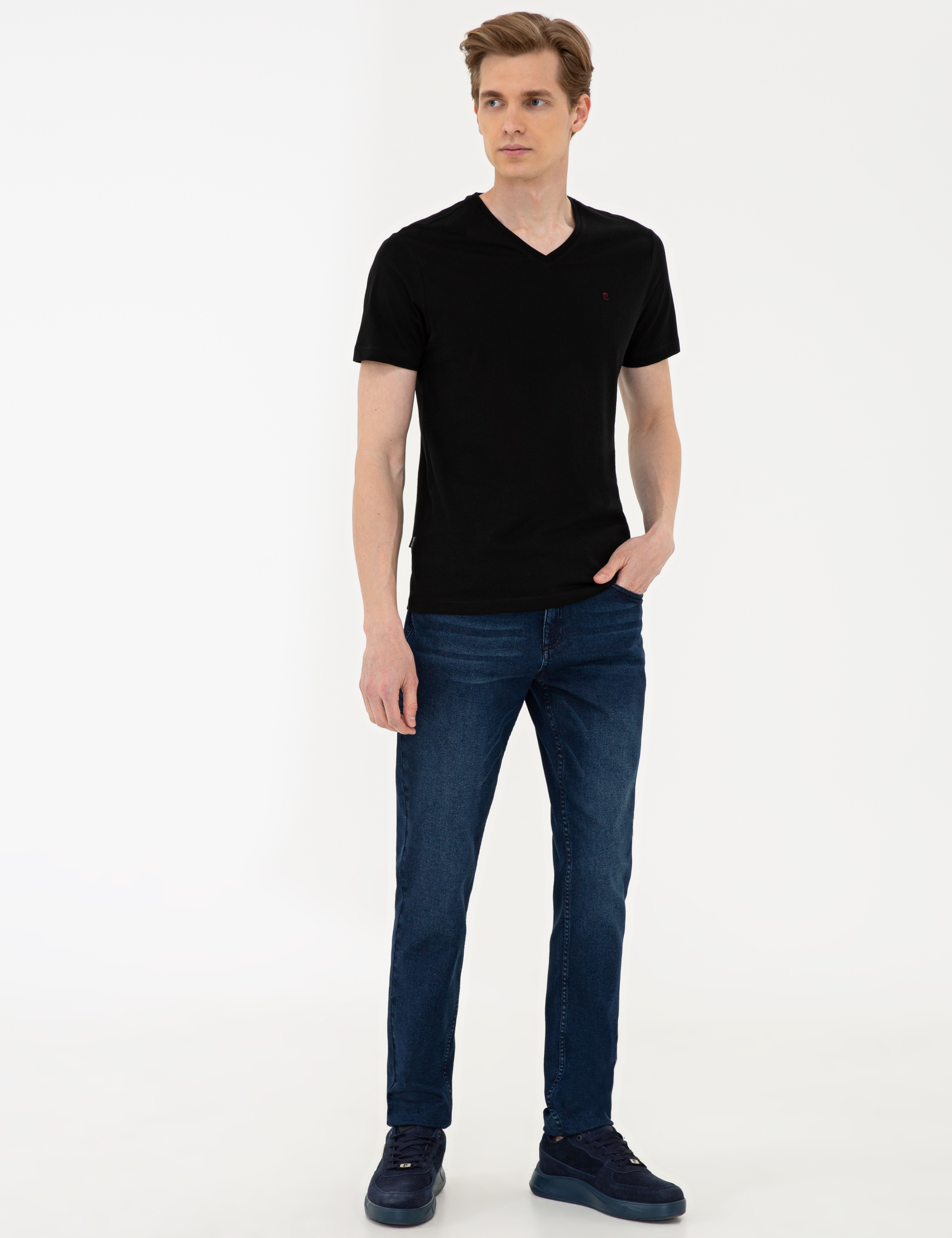 Siyah Slim Fit Basic V Yaka T-Shirt - Image 4
