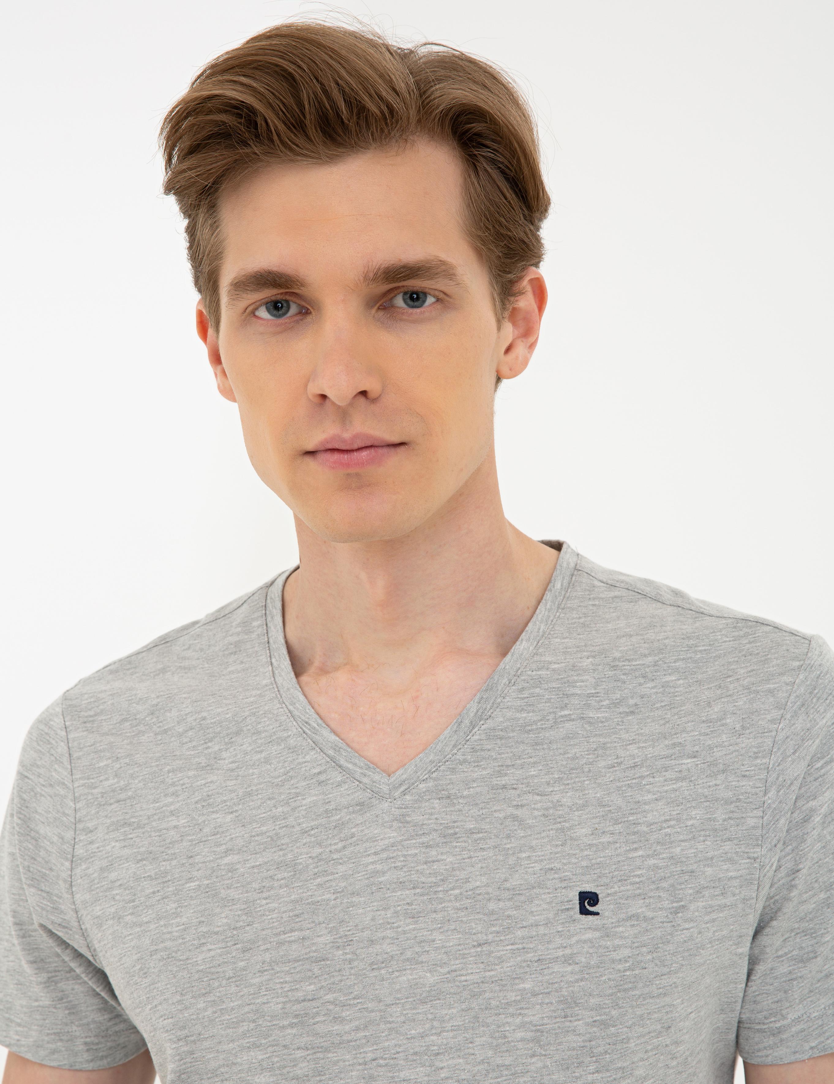 Gri Melanj Slim Fit Basic V Yaka Tişört