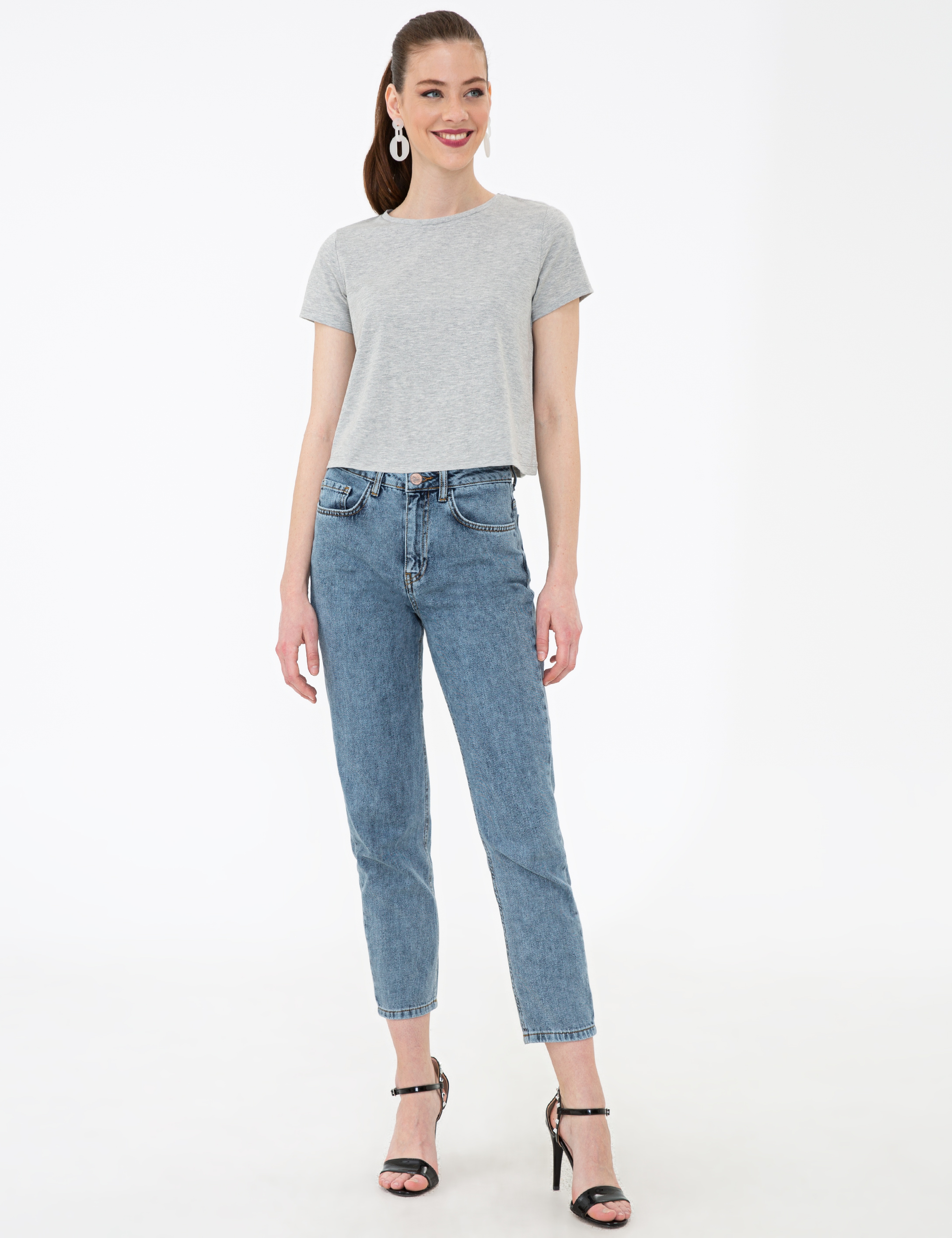 Gri Melanj Crop Top Tişört - Image 5
