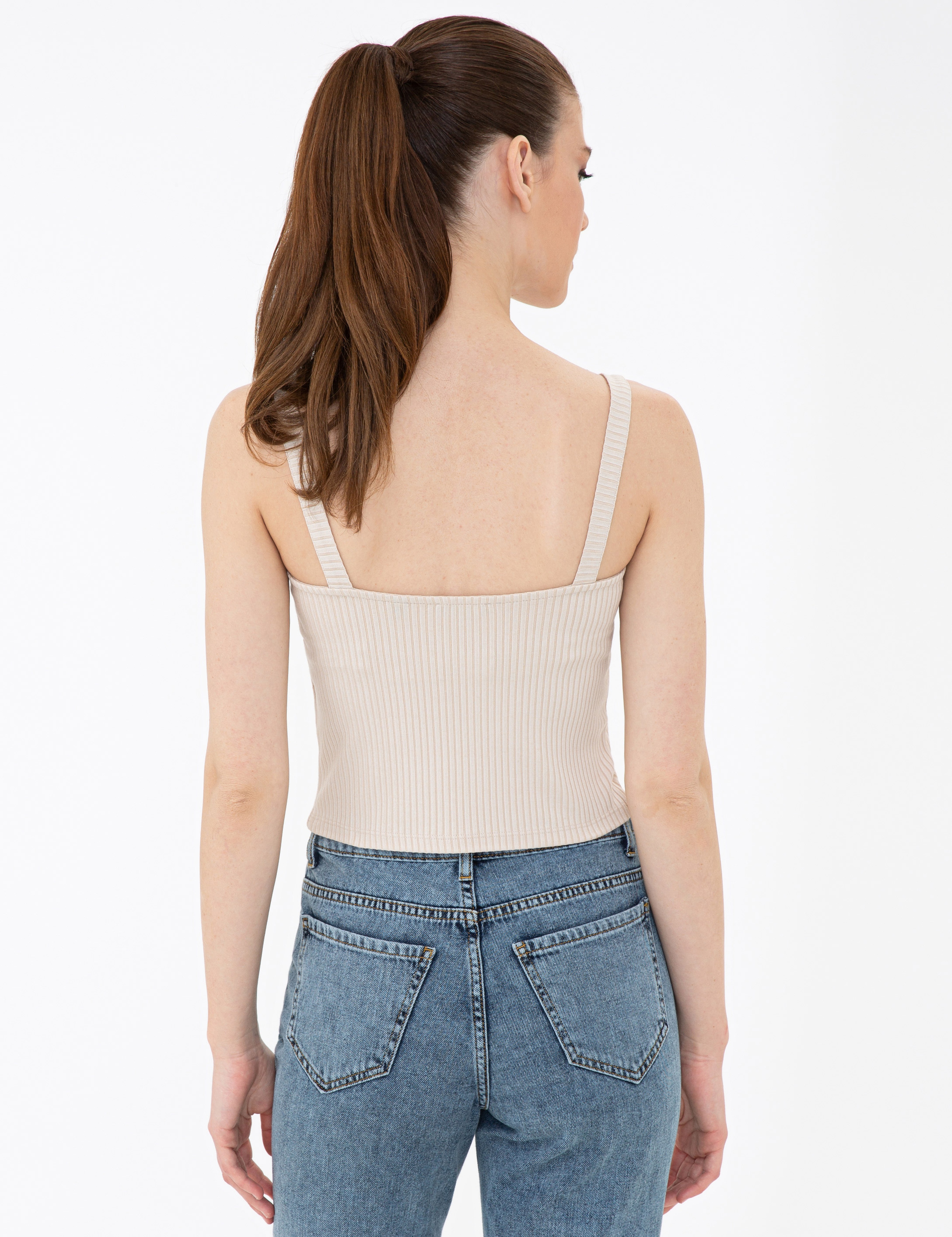 Bej Ekstra Slim Fit Triko Bluz - Image 5