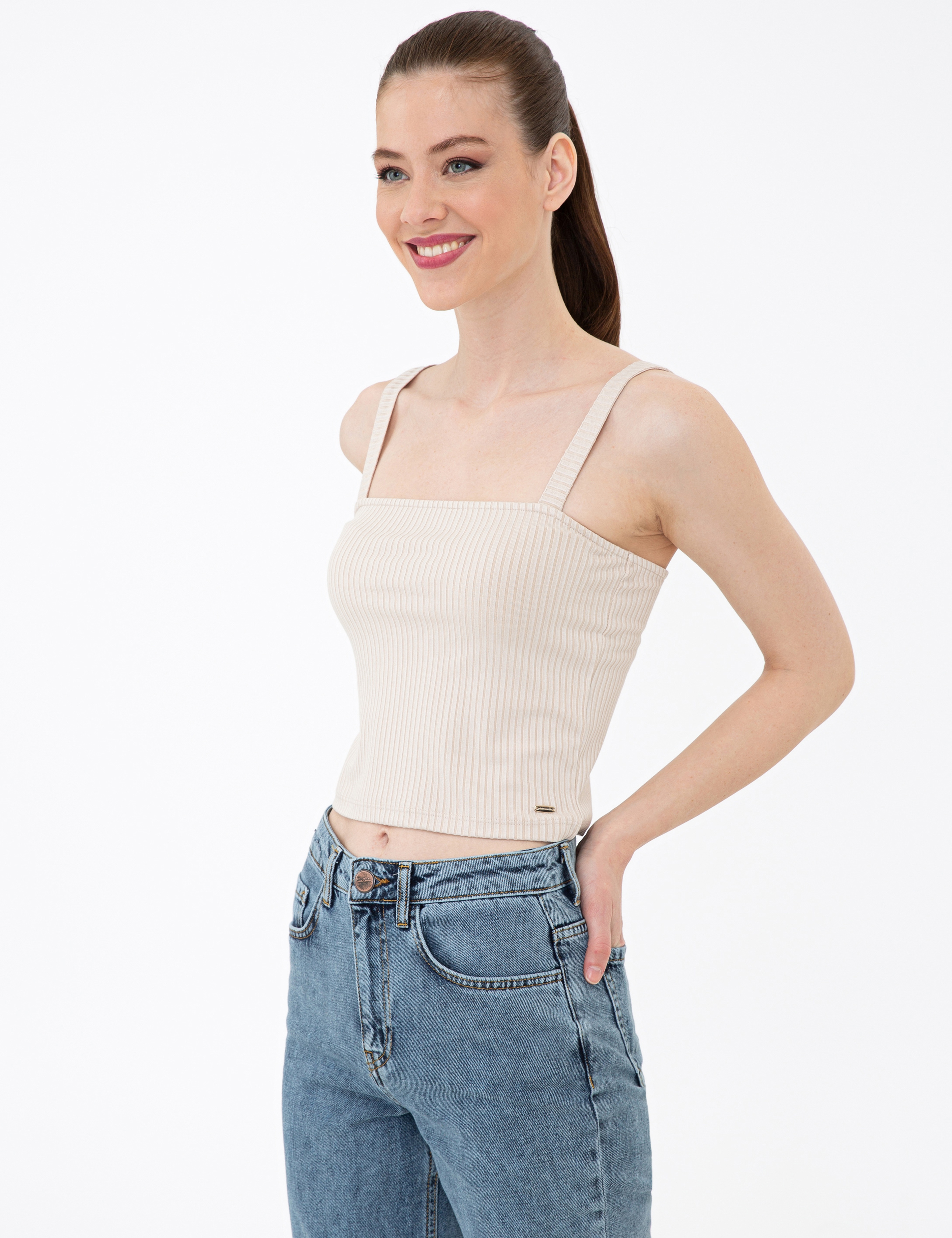Bej Ekstra Slim Fit Triko Bluz - Image 4