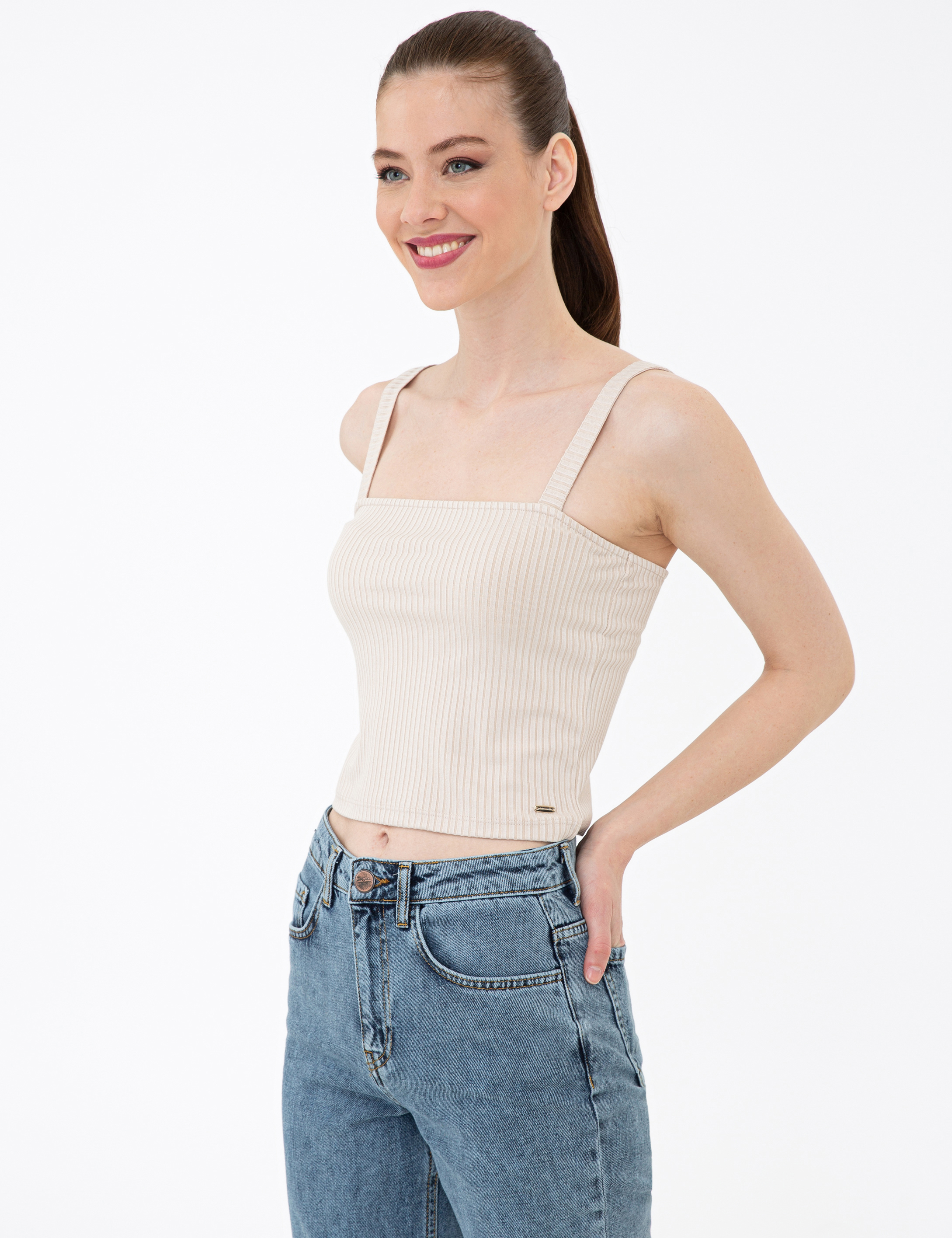 Bej Ekstra Slim Fit Triko Bluz