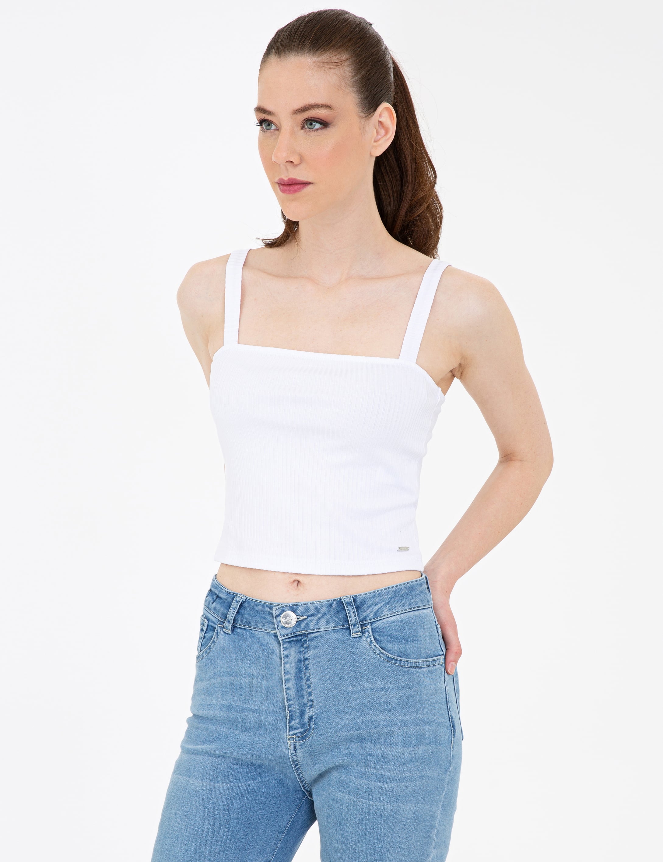 Beyaz Ekstra Slim Fit Triko Bluz - Image 4