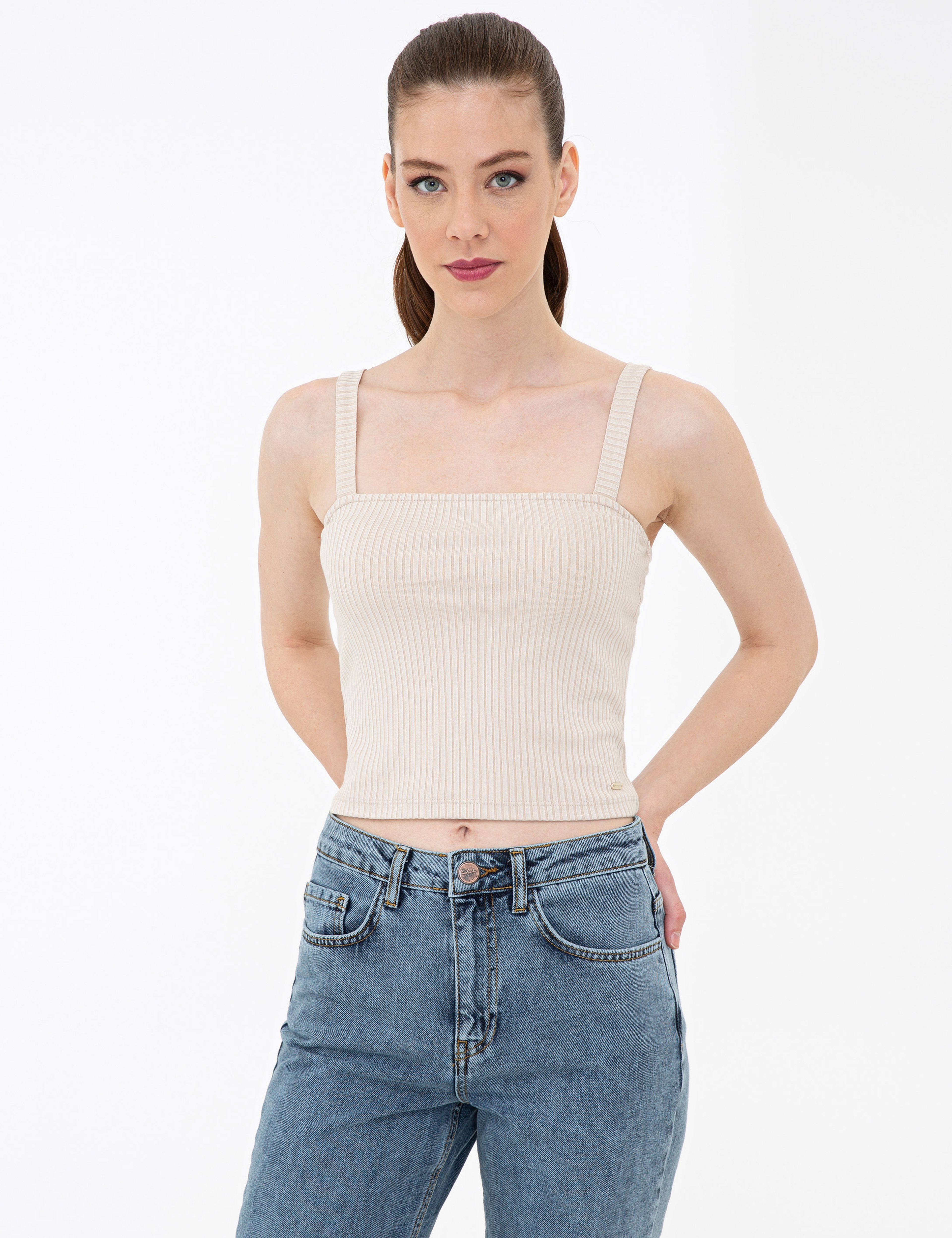 Bej Ekstra Slim Fit Triko Bluz - Image 2